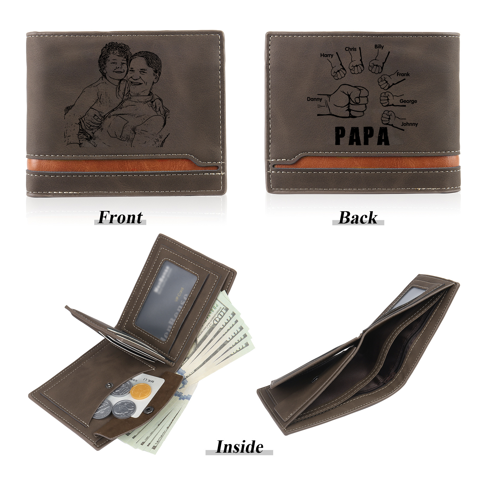 À mon Papa - Portefeuille Poings 7 Prénoms Personnalisés avec Photo Classique Homme Porte-Monnaie Carte