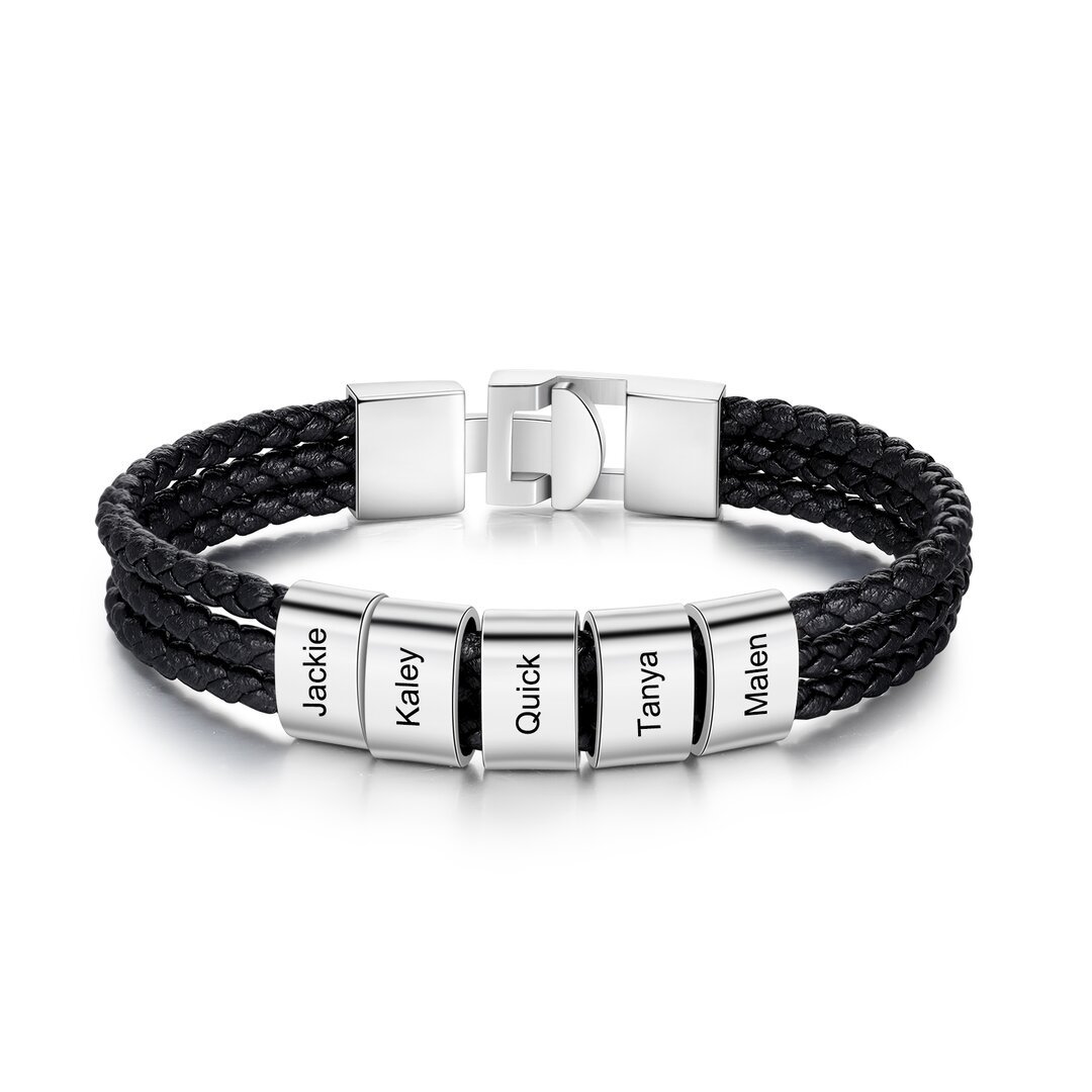 Bracelet Cuir tressé 5 Perles Prénom Personnalisé Bracelet Homme