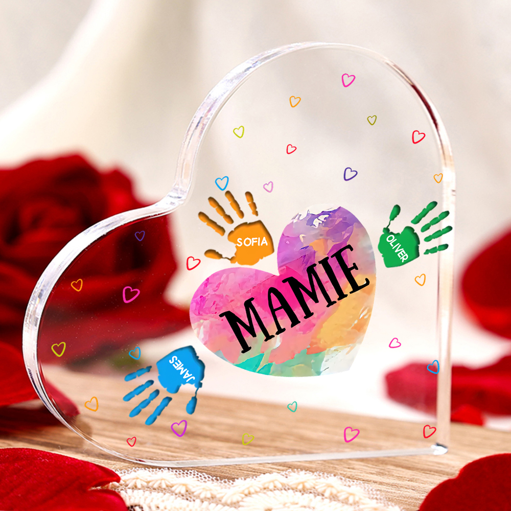 À ma Maman/Mamie - Plaque Acrylique Mains et Enfants en Forme de Cœur 4 Prénoms Personnalisés