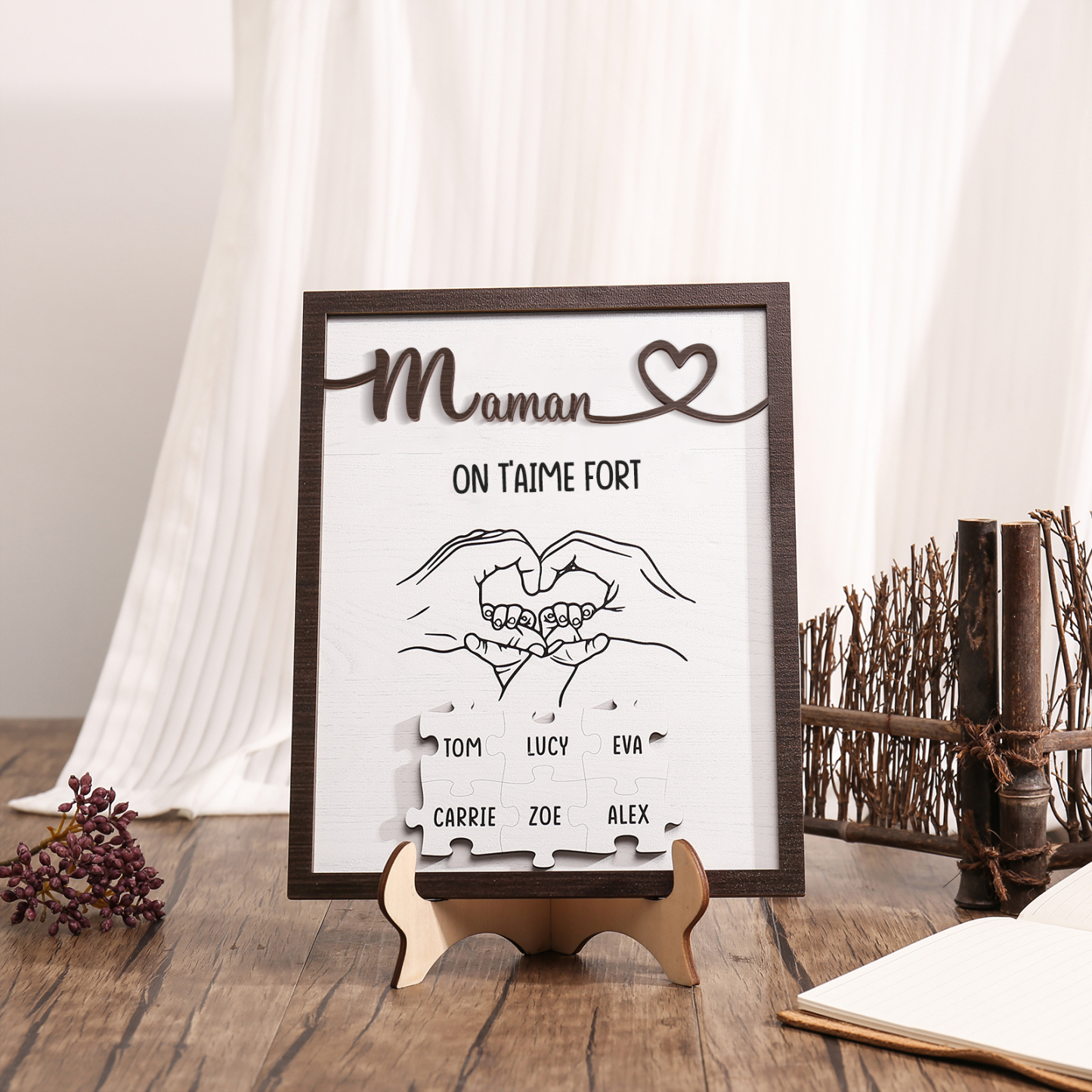 À Maman - Décoration en bois Mains et Puzzles 6 Prénoms et 1 Texte Personnalisés Ornement Famille