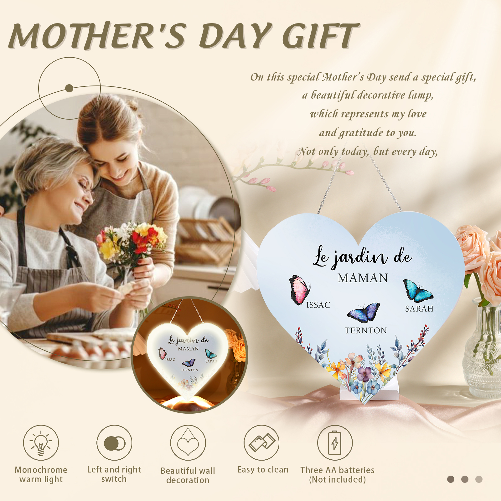 À Maman/Mamie - Veilleuse Cœur Décoration Fleur et Papillon 3 Prénoms Personnalisés avec 1 Texte