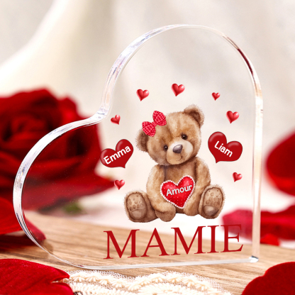 À ma Maman/Mamie - Plaque Acrylique Ours en Forme de Cœur 2 Prénoms Personnalisés avec 1 Texte