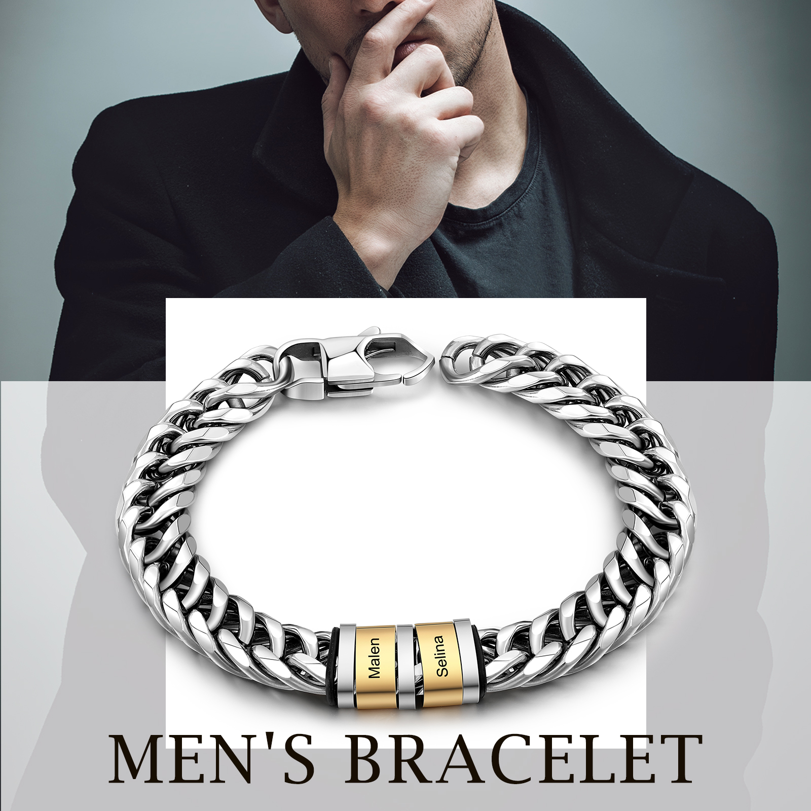 Bracelet Gourmette en acier inoxydable 2 Prénom Personnalisé Bracelet Homme | Cadeau Fête des Pères | Jessemade