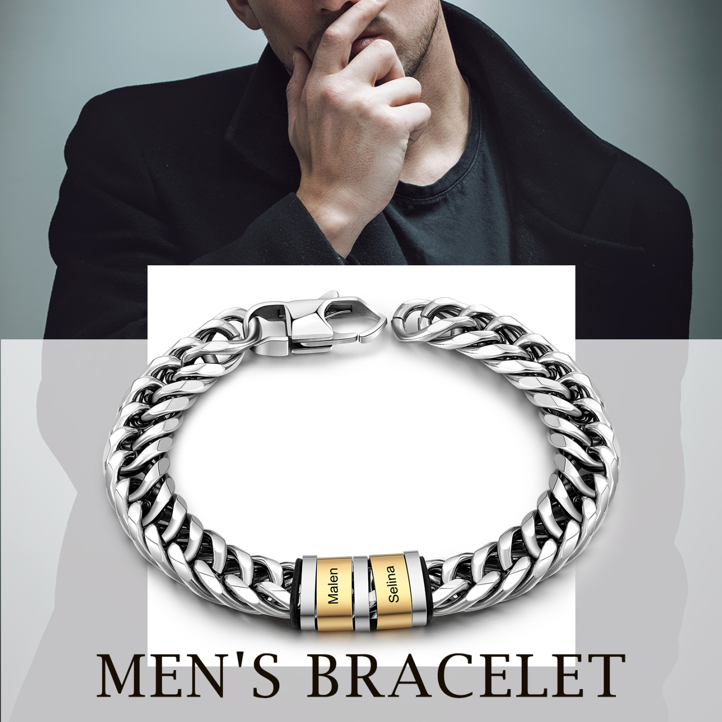 Bracelet Gourmette en acier inoxydable 2 Prénom Personnalisé Bracelet Homme | Cadeau Fête des Pères | Jessemade