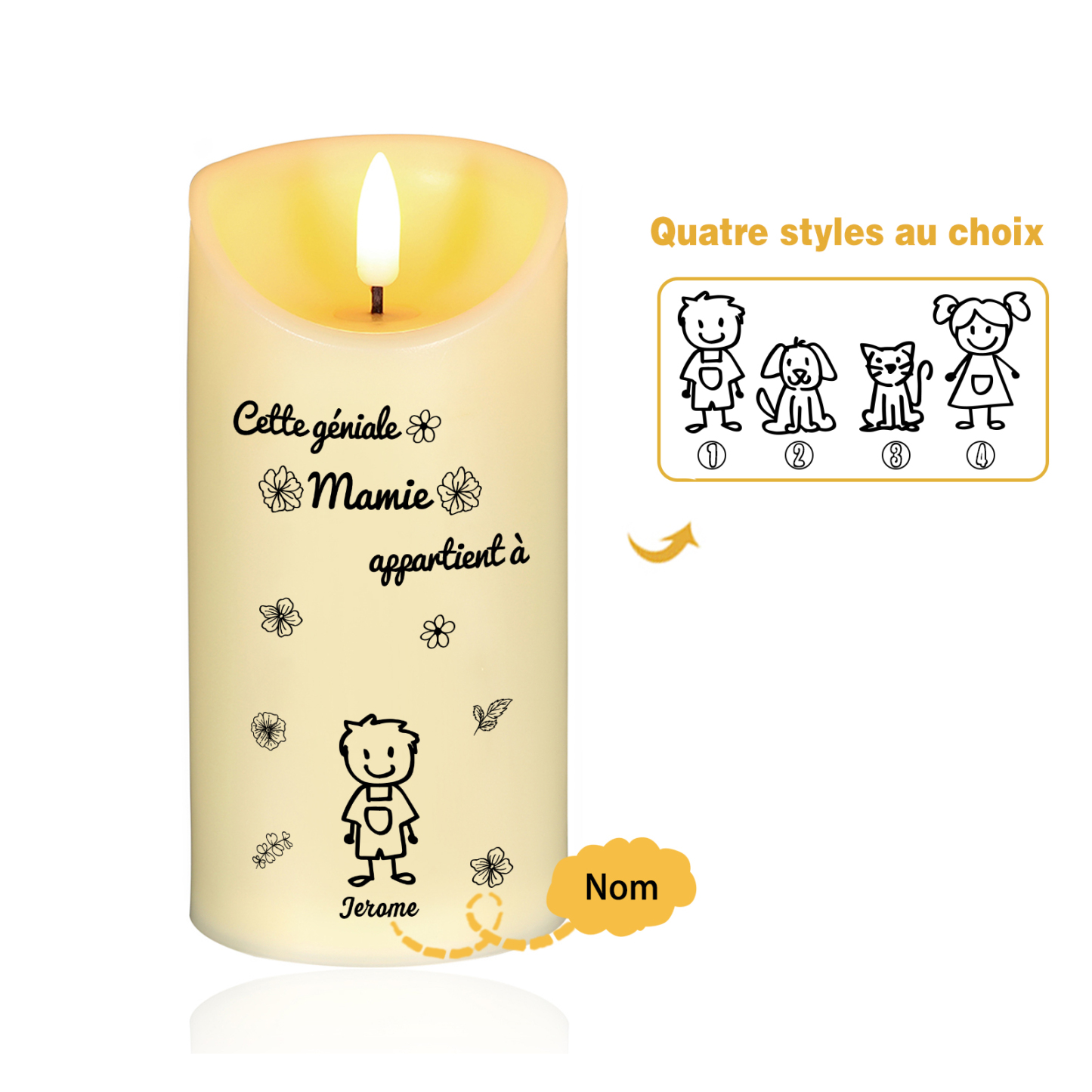 À Mamie - Bougie Électronique 1 Prénom Personnalisé avec 1 Dessin Bougie LED Avec Coffret pour Mamie | Jessemade
