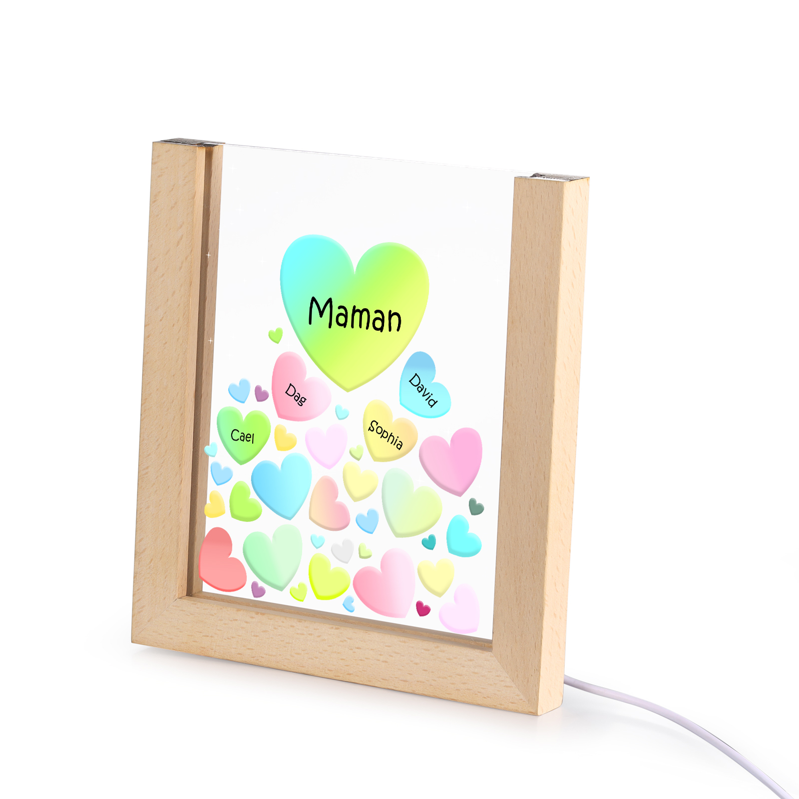À Maman/Mamie - Lampe de chevet LED Cœurs 4 Prénoms Personnalisés avec 1 Texte