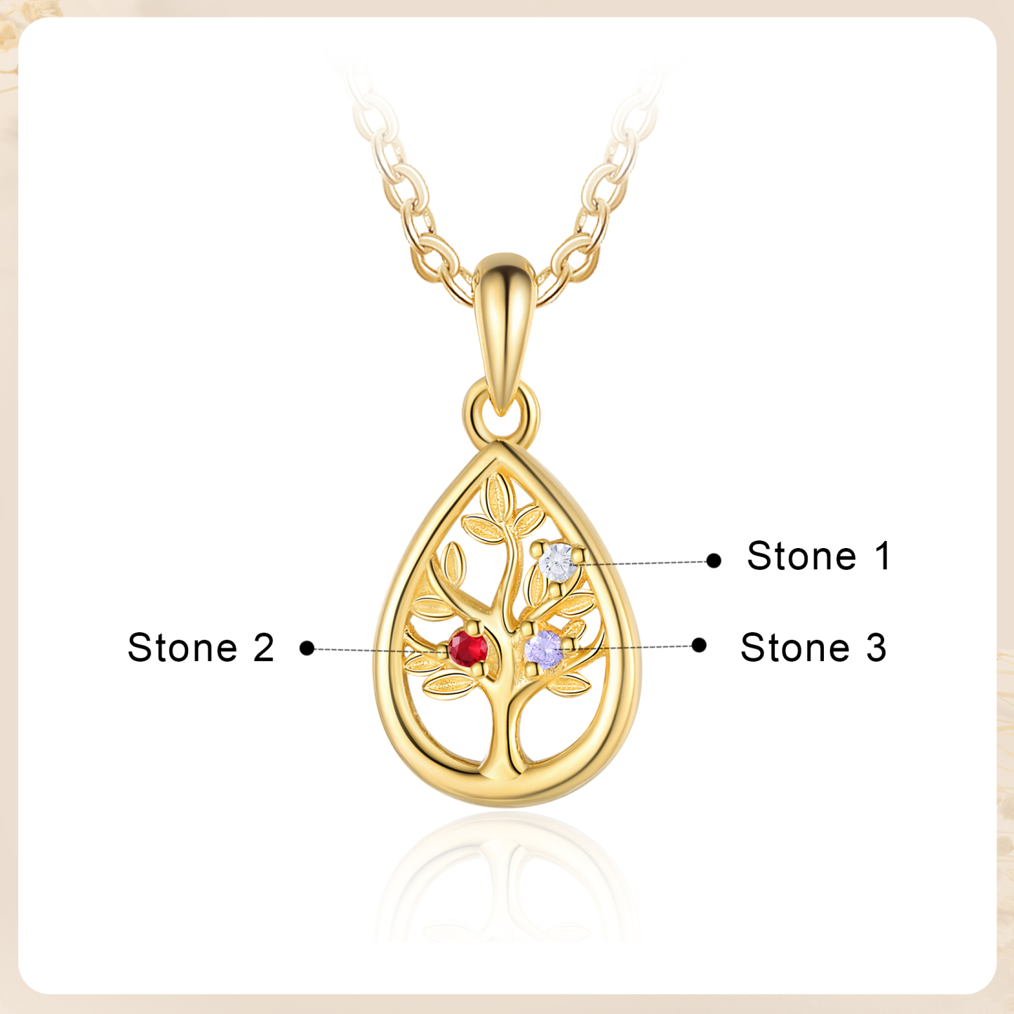 Collier Pendentif Arbre de vie 3 Pierres De Naissance Personnalisés Collier Arbre généalogique