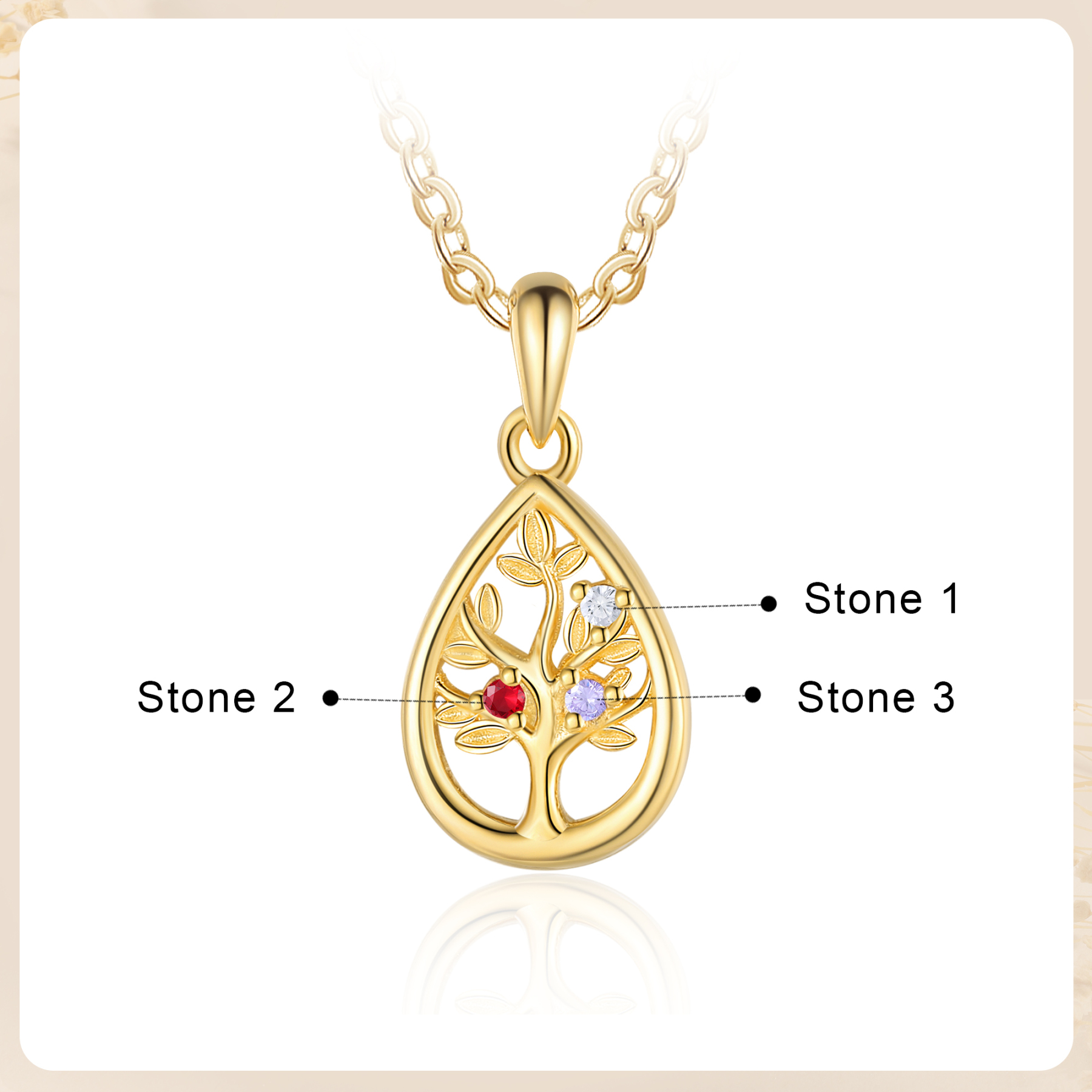 Collier Pendentif Arbre de vie 3 Pierres De Naissance Personnalisés Collier Arbre généalogique