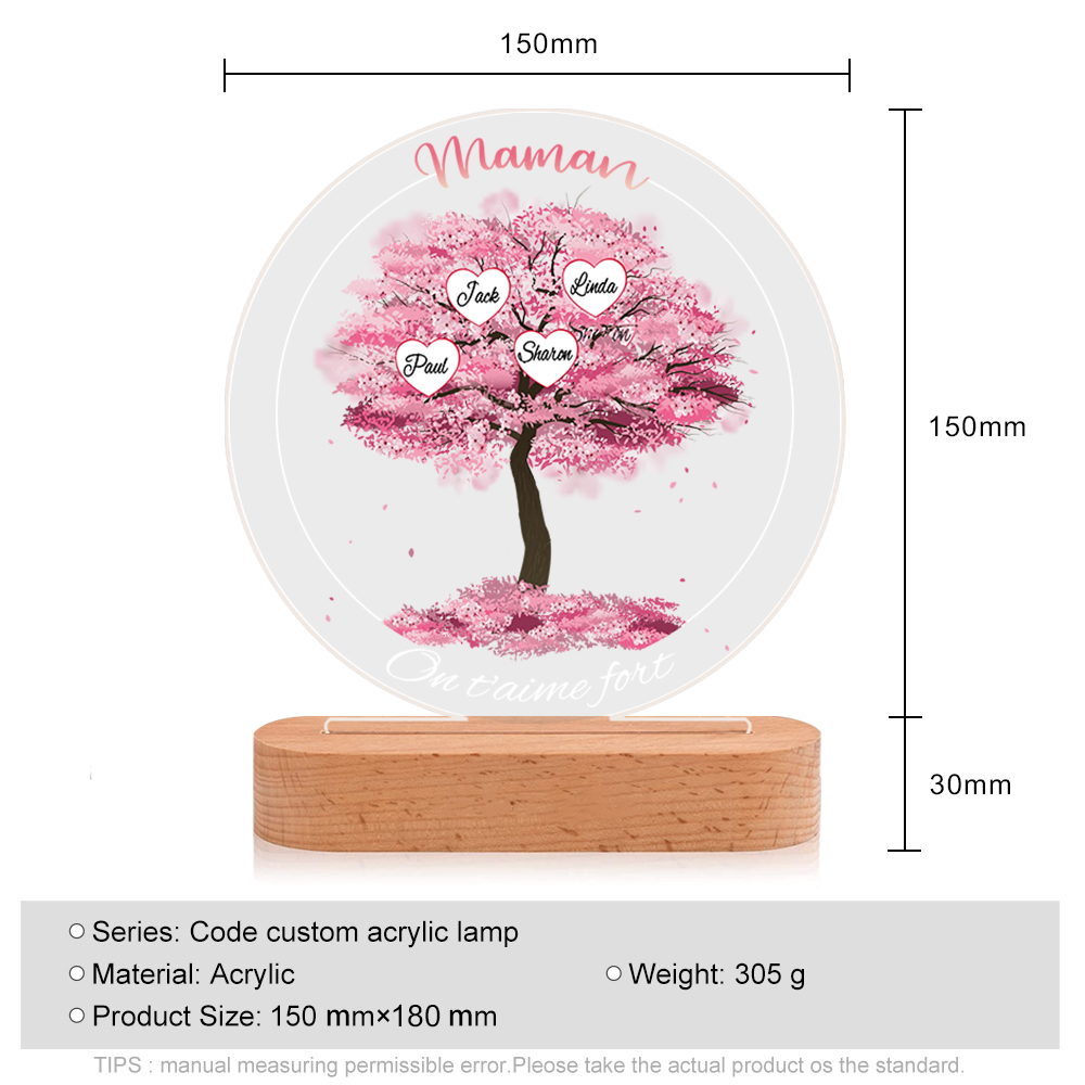À Maman/Mamie - Lampe de chevet LED Lumières Arbre 4 Prénoms et 2 Textes Personnalisés pour Famille