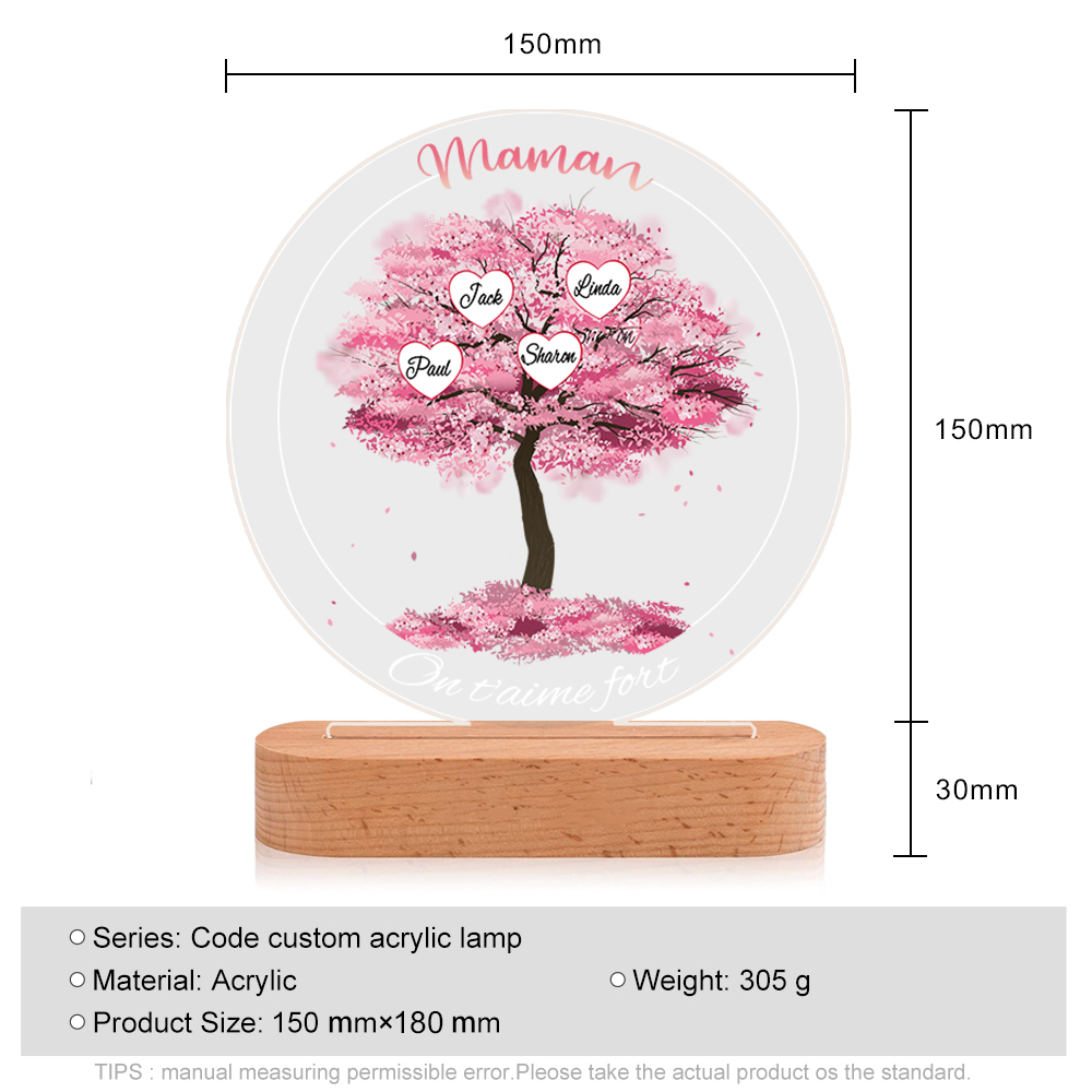 À Maman/Mamie - Lampe de chevet LED Lumières Arbre 4 Prénoms et 2 Textes Personnalisés pour Famille