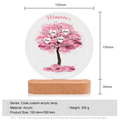 À Maman/Mamie - Lampe de chevet LED Lumières Arbre 4 Prénoms et 2 Textes Personnalisés pour Famille