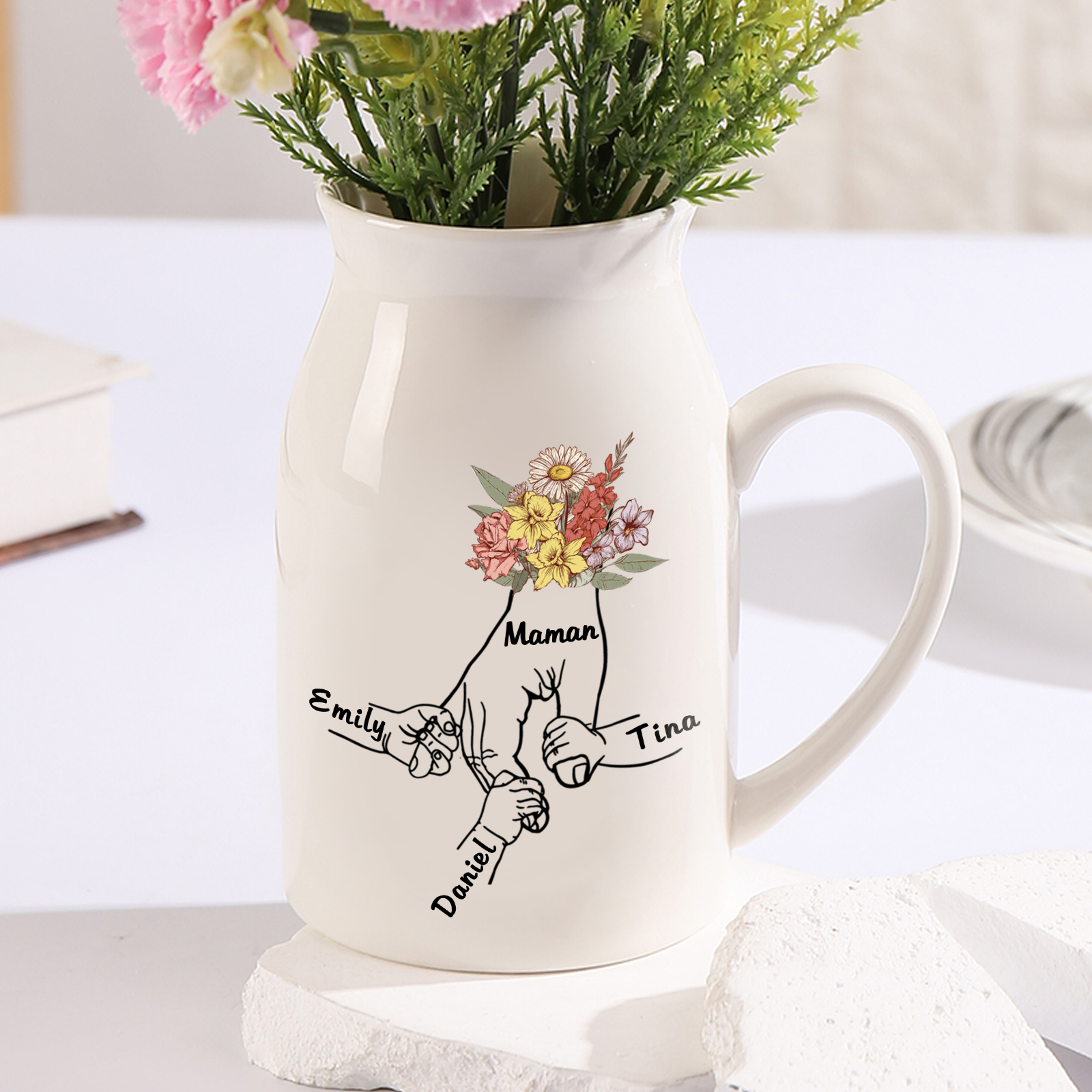 Vase à Fleurs la main dans la main 3 Prénoms Personnalisés avec Texte Décoration de la Maison
