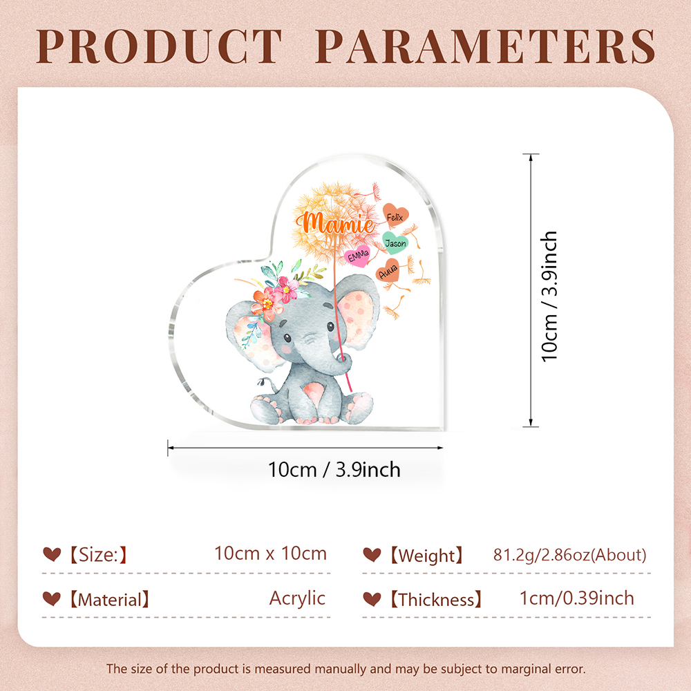 À ma Mamie - Plaque Acrylique Éléphant en Forme de Cœur 4 Prénoms Personnalisés