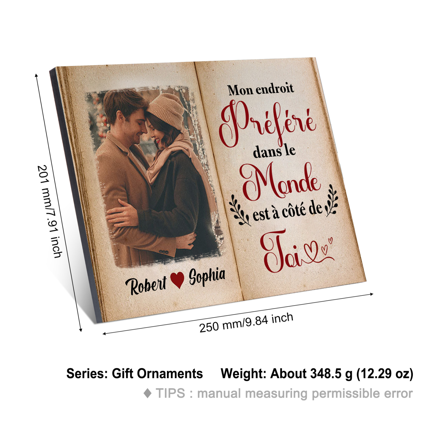 Cadre en Bois 2 Prénoms Personnalisés avec Photo pour Couple Cadeau Saint Valentin