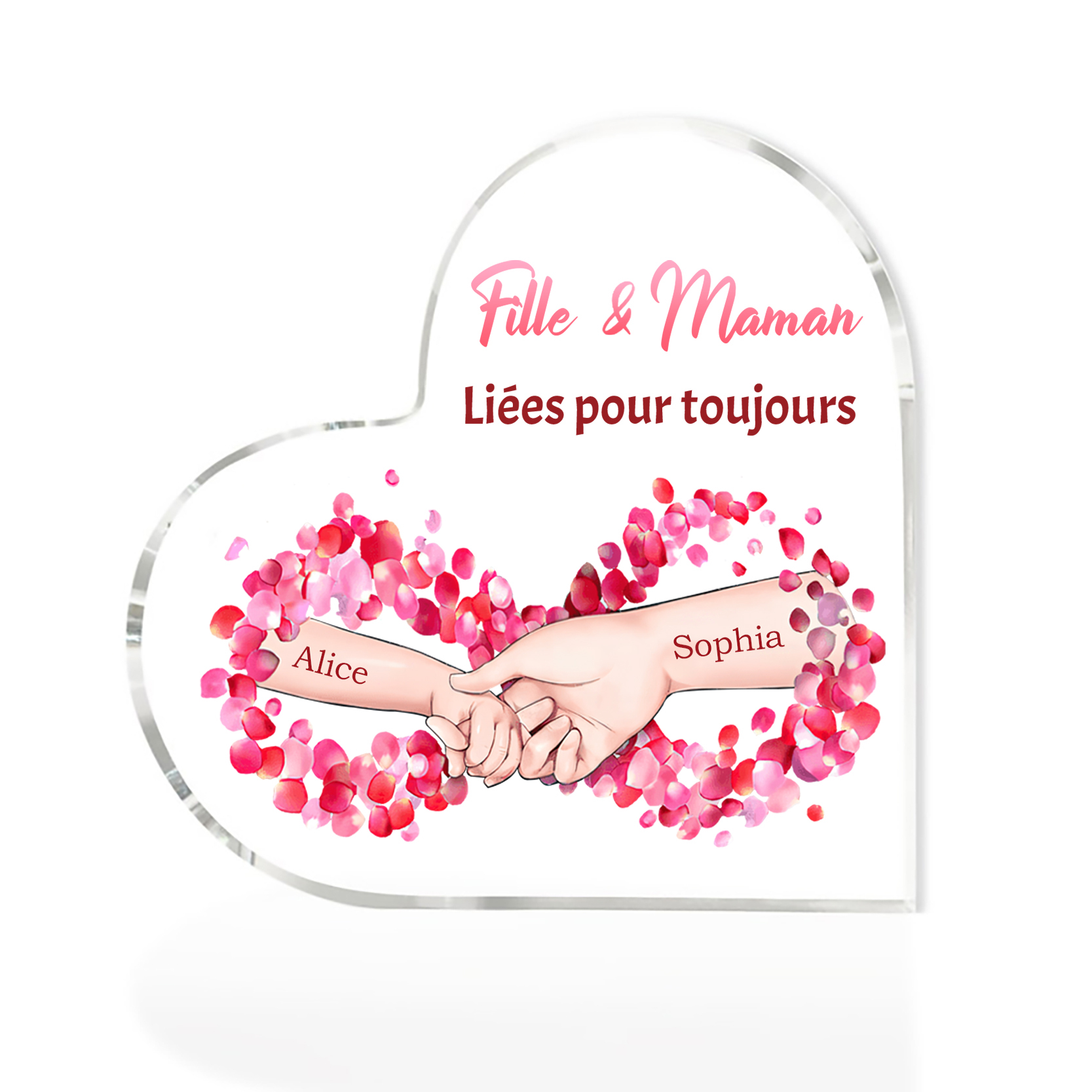 À ma Maman - Plaque Acrylique Maman et Fille en Forme de Cœur 2 Prénoms Personnalisés