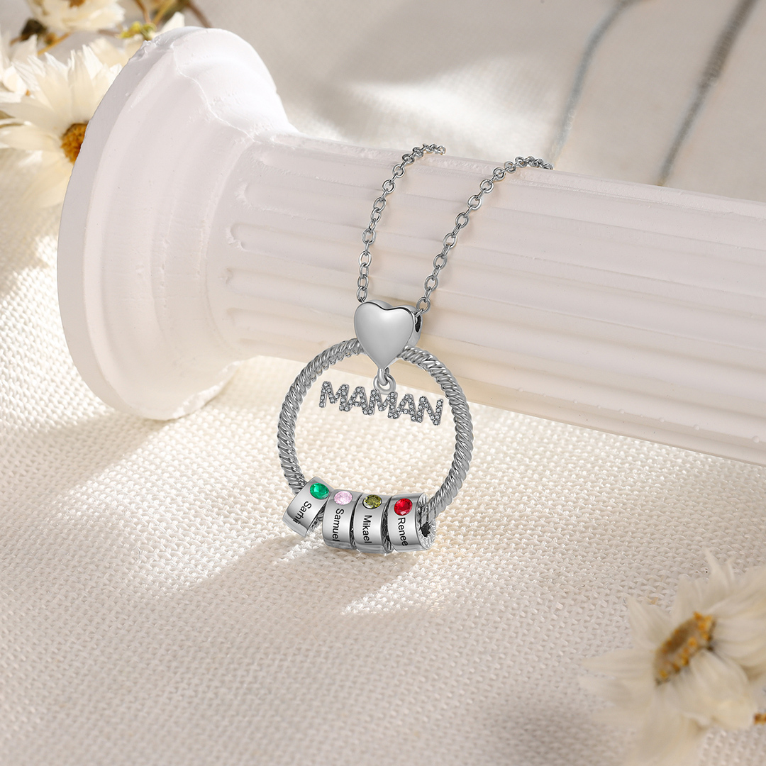 À ma Maman - Collier Pendentif 4 Prénoms Personnalisés avec Pierre de naissance