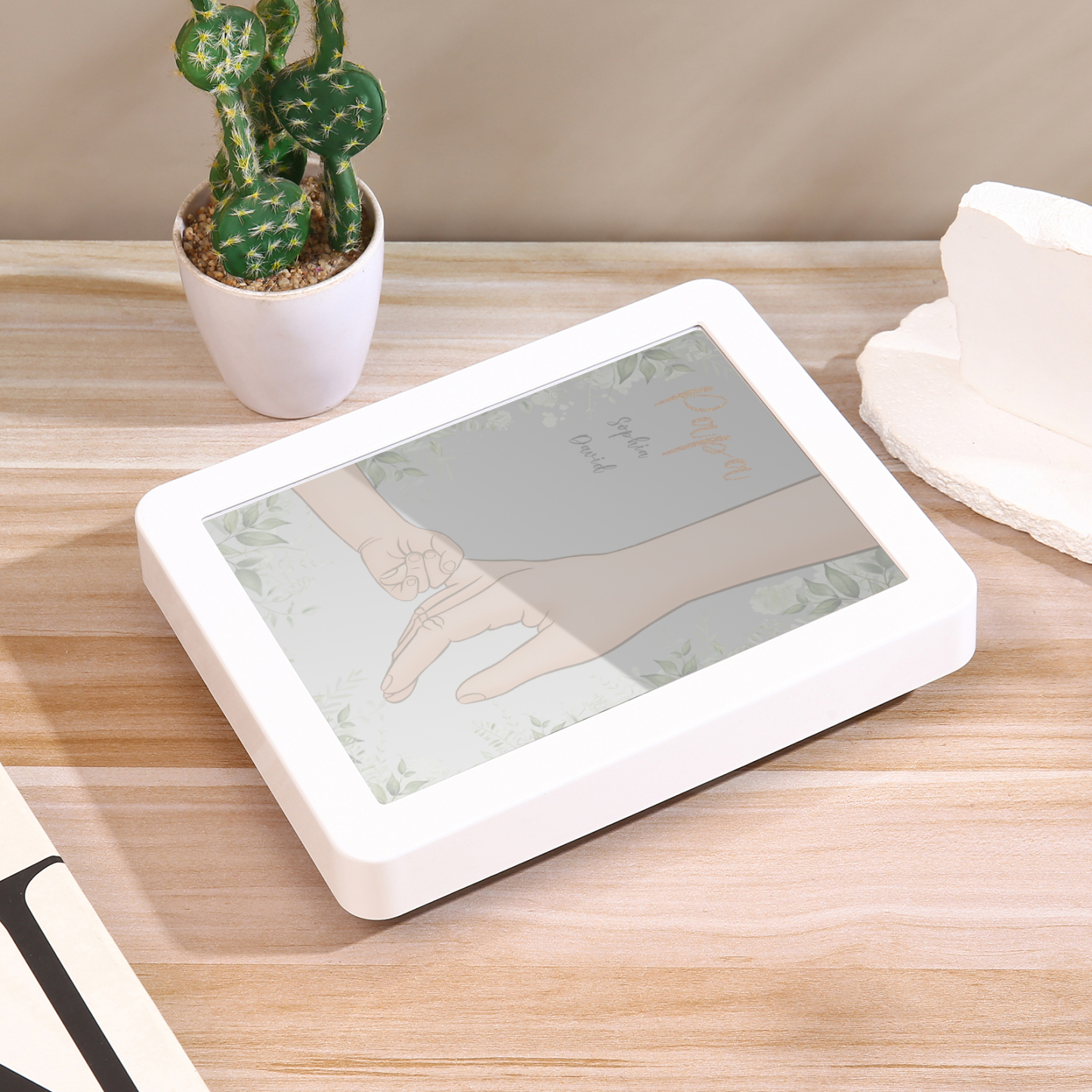 Lampe LED/Cadre Photo/Miroir multifonctionnel la main dans la main 2 Prénoms et 1 Tetxe Personnalisés Cadeau Créatif pour Famille