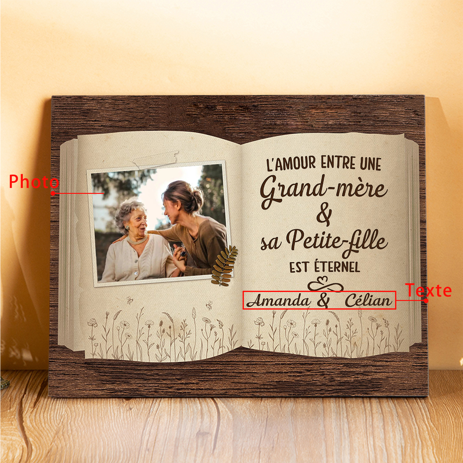 À ma Mamie - Cadre en Bois 2 Prénoms et 1 Photo Personnalisés Cadeau de Petite-fille pour Mamie