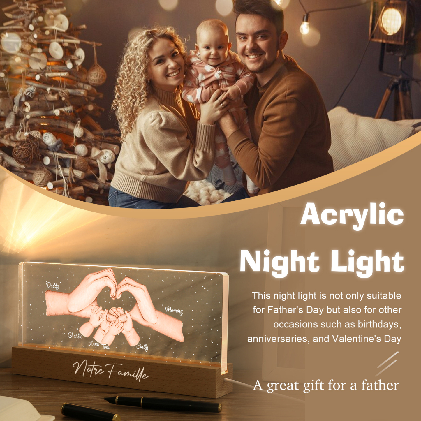 À ma Famille- Lampe de chevet LED la Main dans la Main 6 Prénoms Personnalisés avec Texte