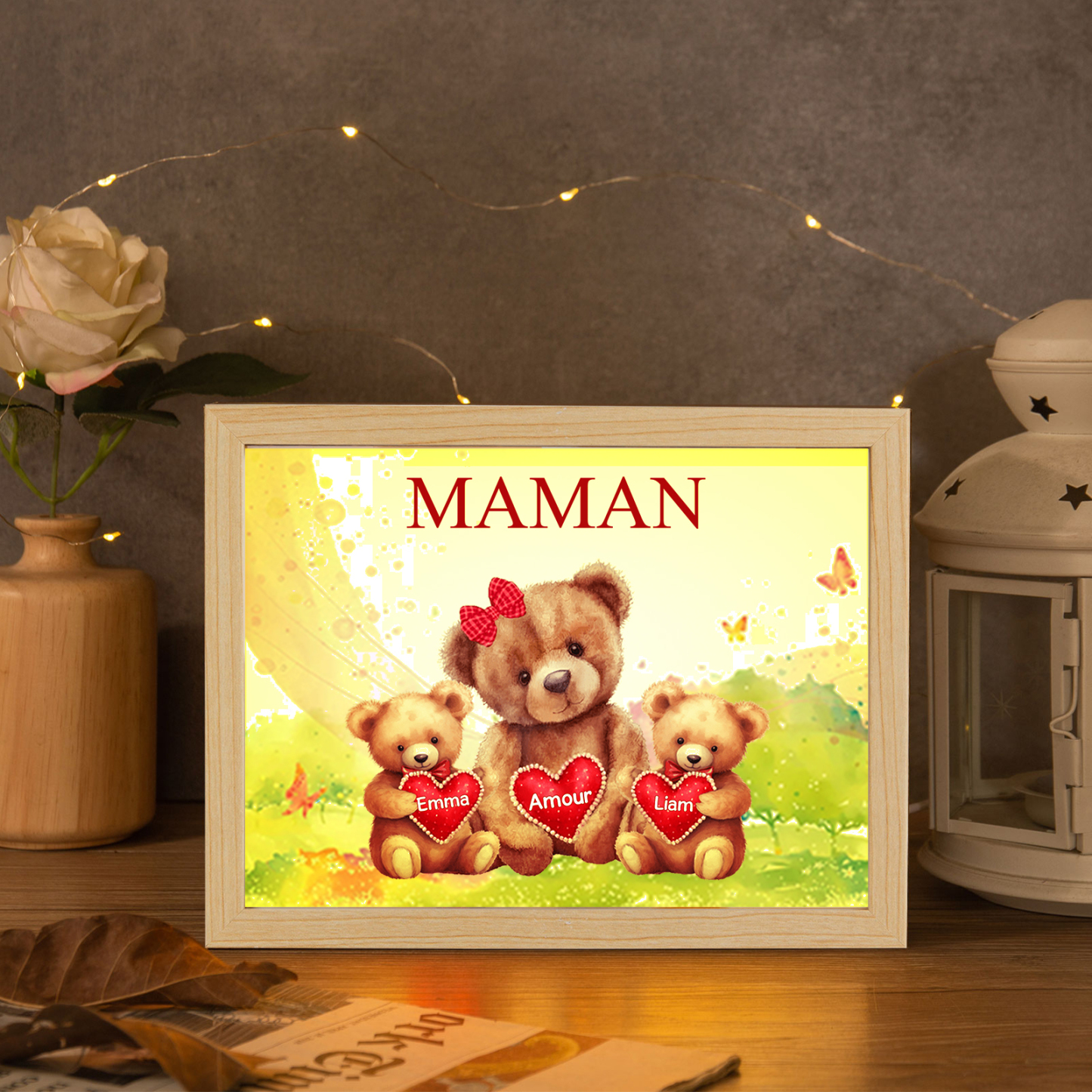 Cadre Photo LED Ours 2 Prénoms Personnalisés avec 1 Texte Décoration Famille