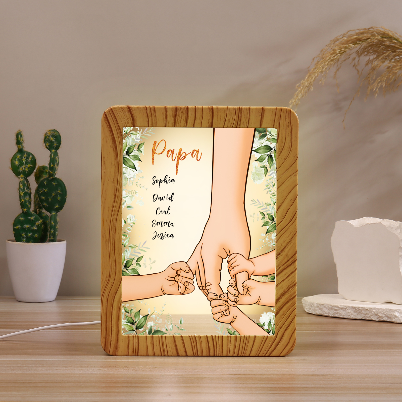 Lampe LED/Cadre Photo/Miroir multifonctionnel la main dans la main 5 Prénoms et 1 Tetxe Personnalisés Cadeau Créatif pour Famille