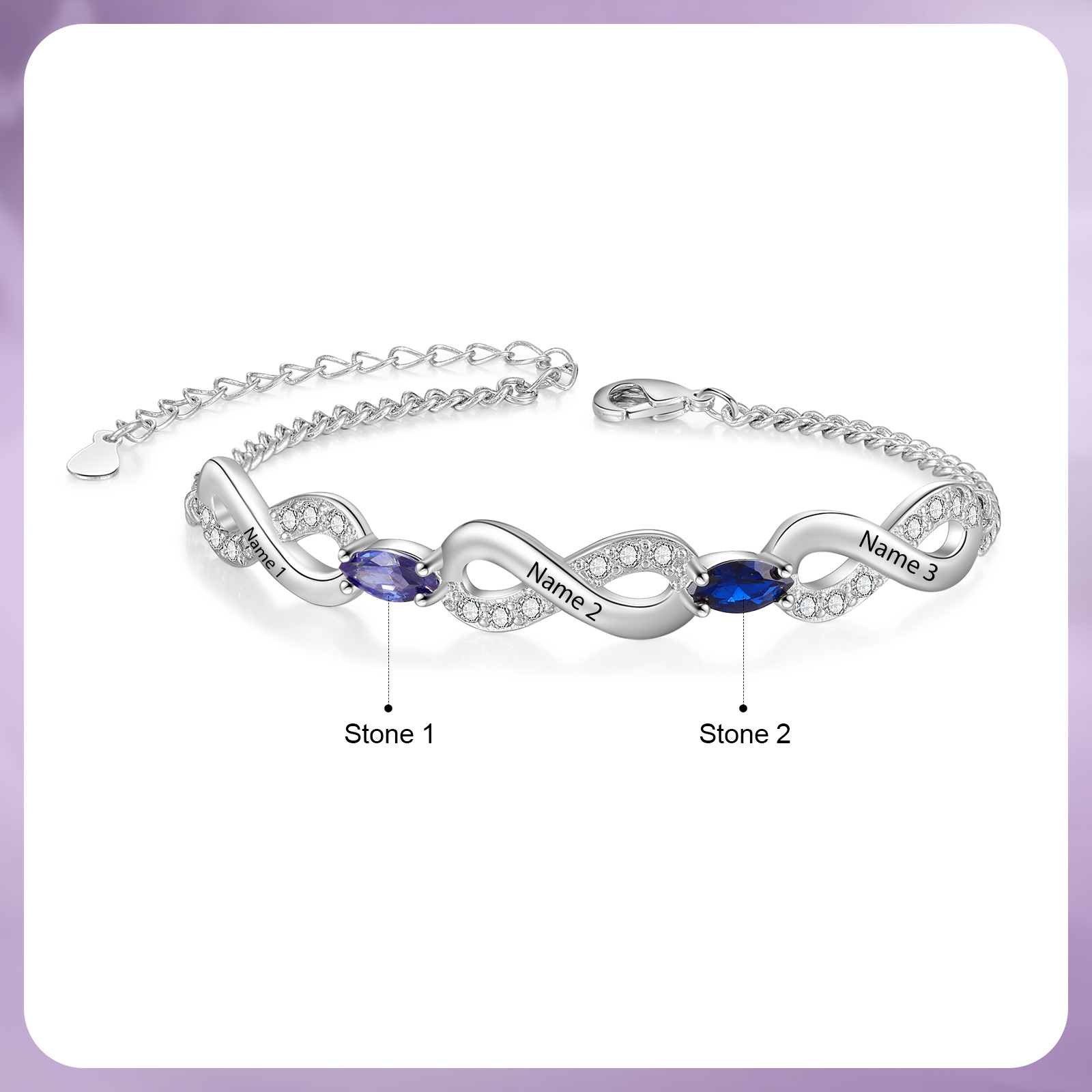 Bracelet Infini 3 Prénoms Personnalisés avec 2 Pierres de Naissance pour Femme