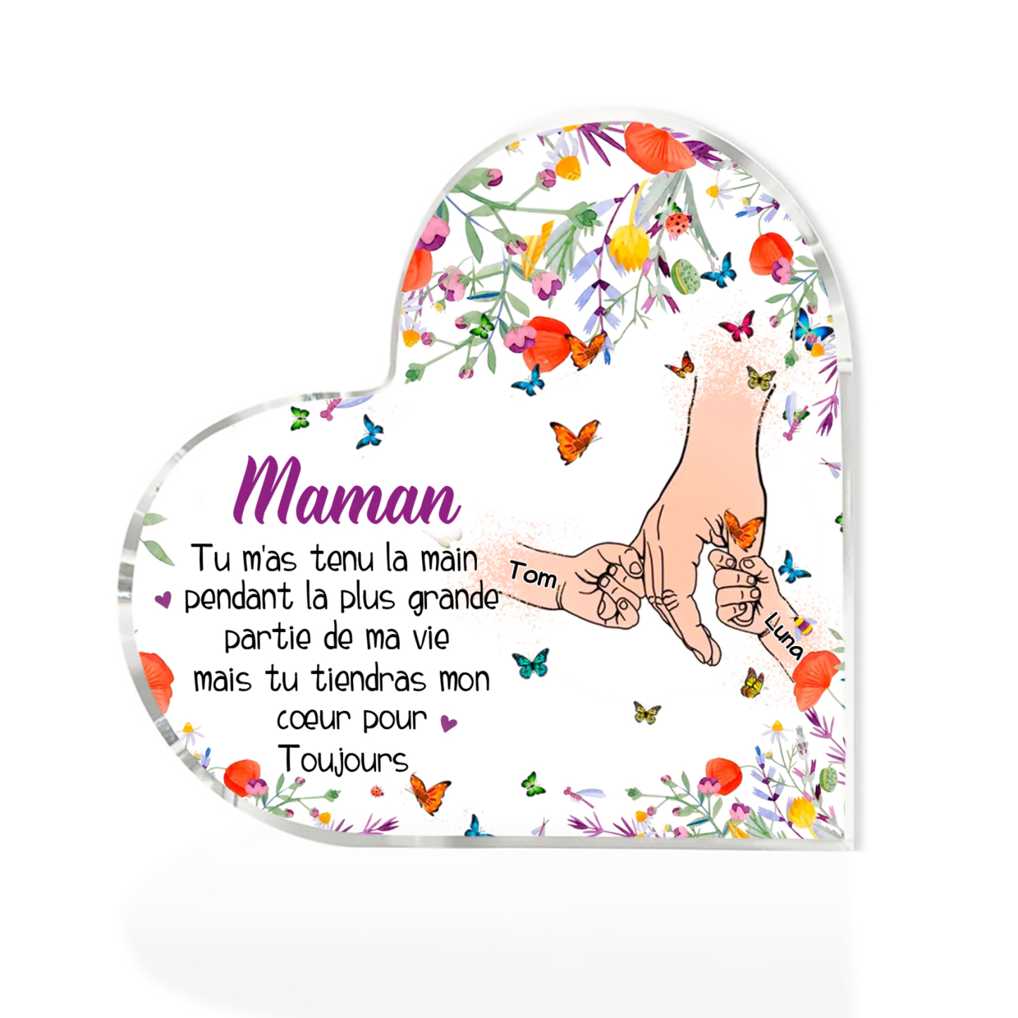 À ma Maman - Plaque Acrylique en Forme de Cœur 2 Prénoms Personnalisés la Mian dans la Main