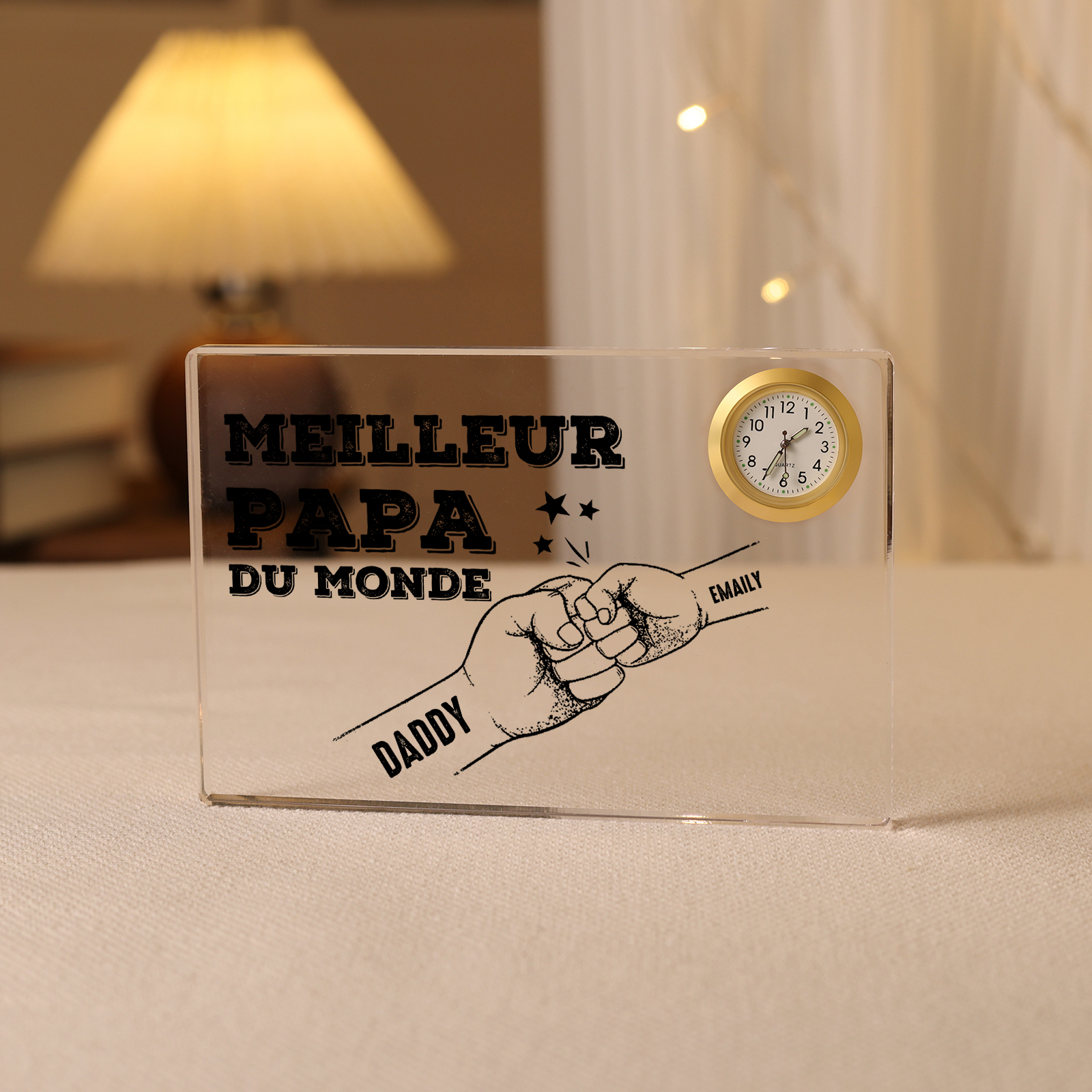 À mon Papa - Plaque Acrylique rectangle avec Horloge Poings 2 Prénoms Personnalisés