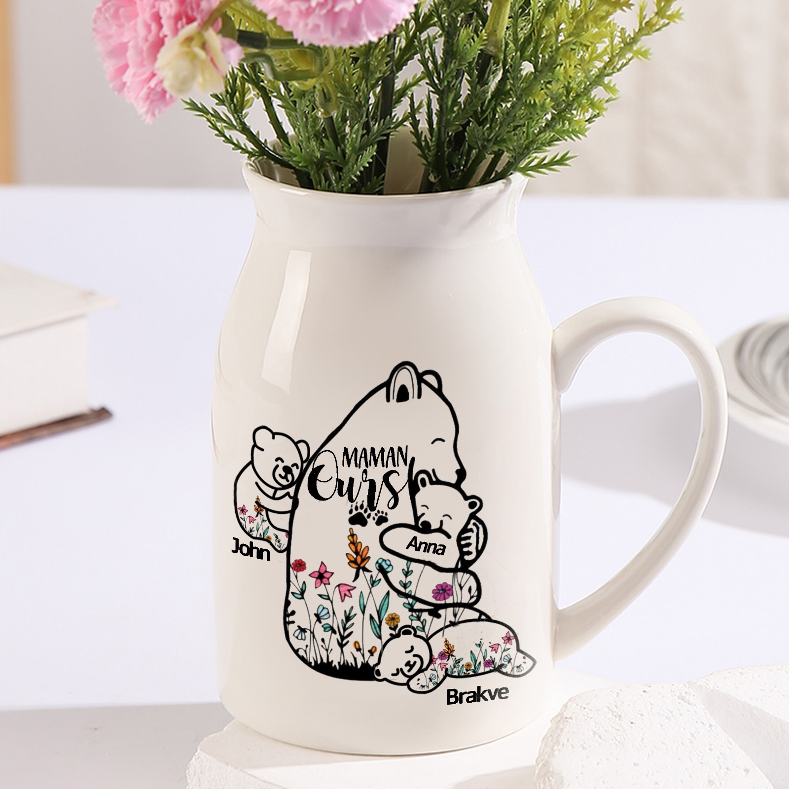 Vase à Fleurs Ours 3 Prénoms Personnalisés avec Texte Décoration de la Maison