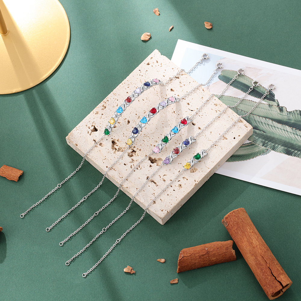 Bracelet à Breloque 2 Prénoms Personnalisé avec 2 Pierres de Naissance