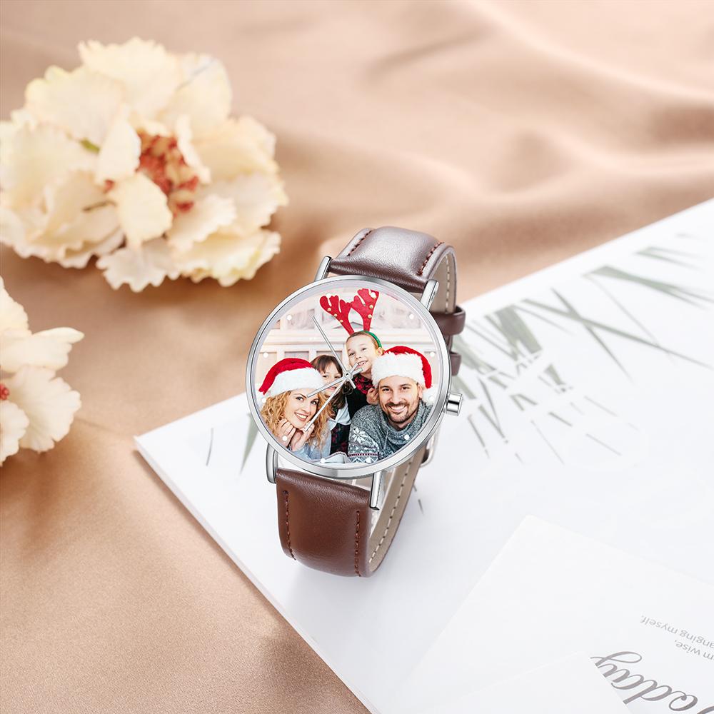 Montre Personnalisée Photo avec Gravure du prénom ou Message Bracelet en Cuir pour Homme