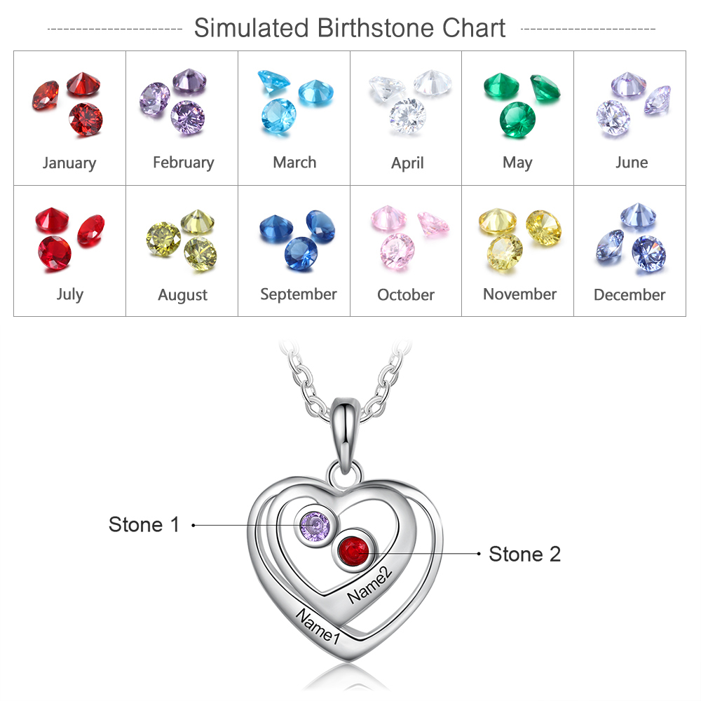 Collier coeur 2 Prénoms Personnalisés avec 2 Pierre de Naissance