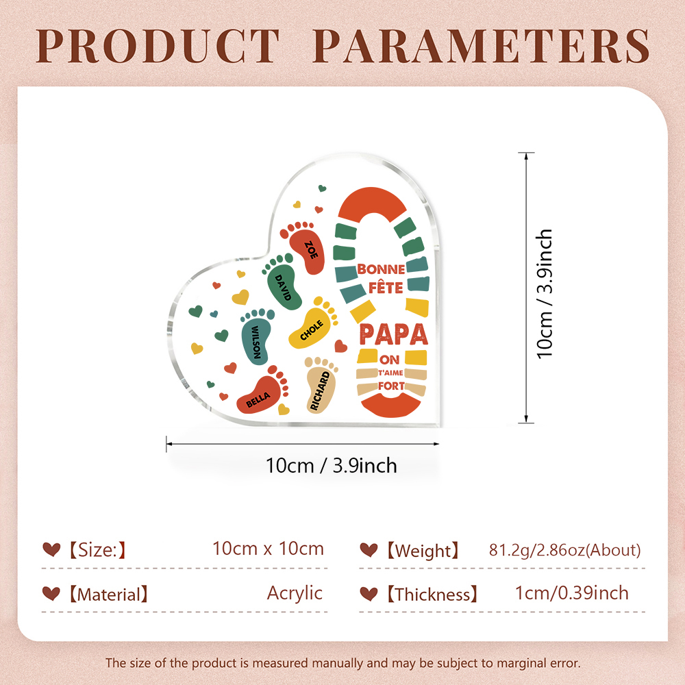 À mon Papa - Plaque Acrylique en Forme de Cœur Empreintes 6 Prénoms Personnalisés