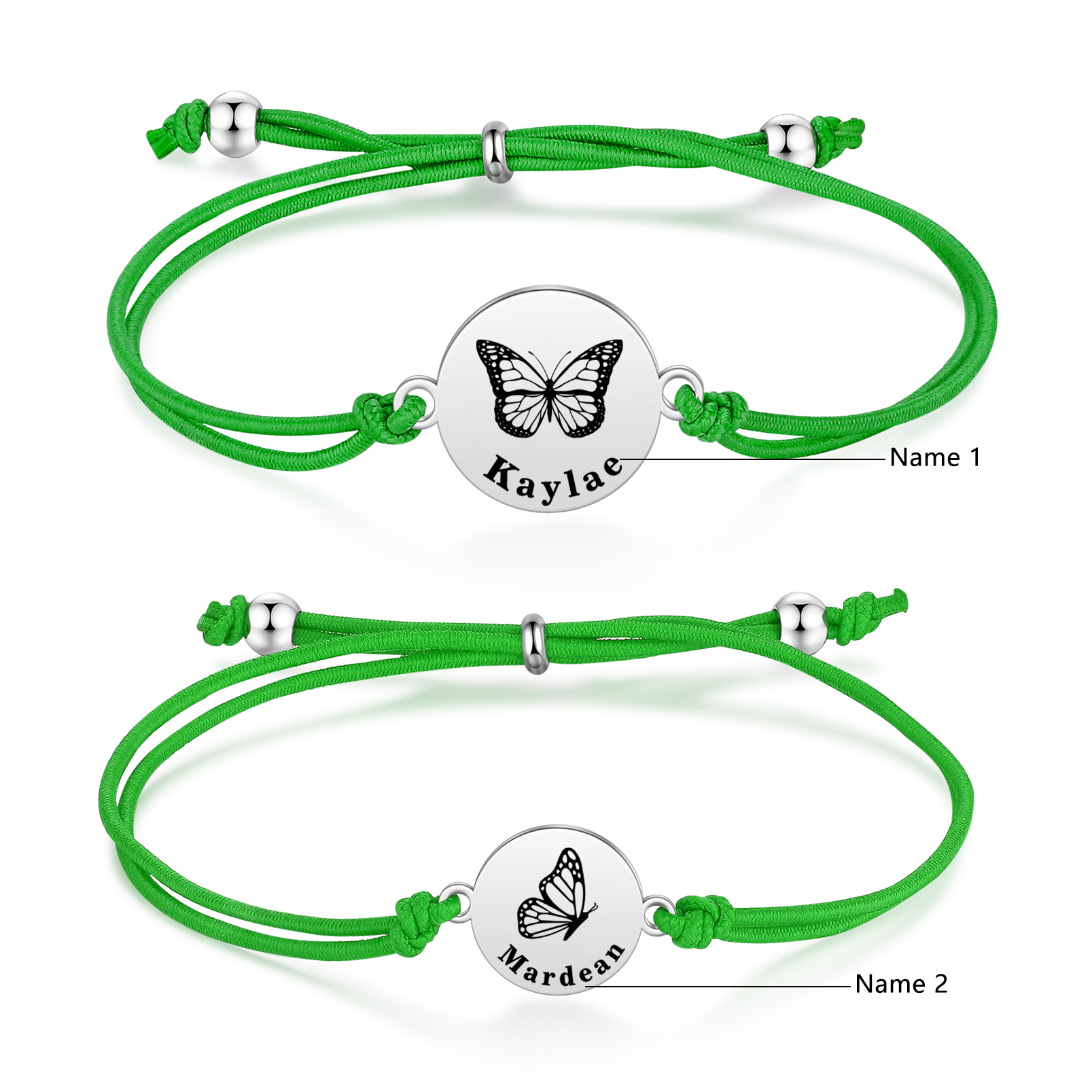 2PCS Ensemble de Bracelets Papillons 2 Prénoms Personnalisés Corde élastiques - Cadeau Rentrée Scolaire Premier jour d’école
