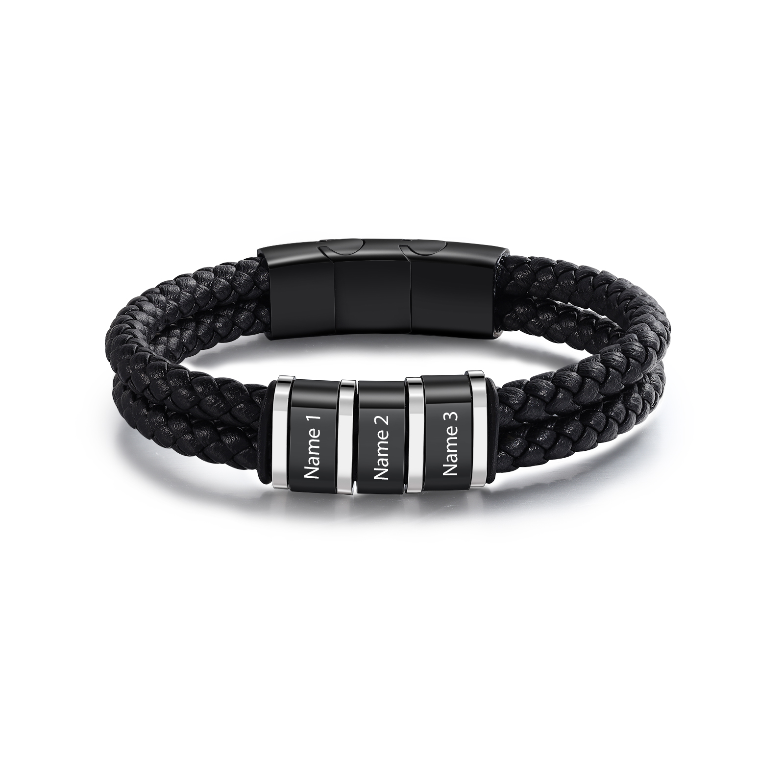 Bracelet Personnalisé en Cuir et Acier Inoxydable Personnalisé avec 3 Prénoms Bracelet Homme | Jessemade