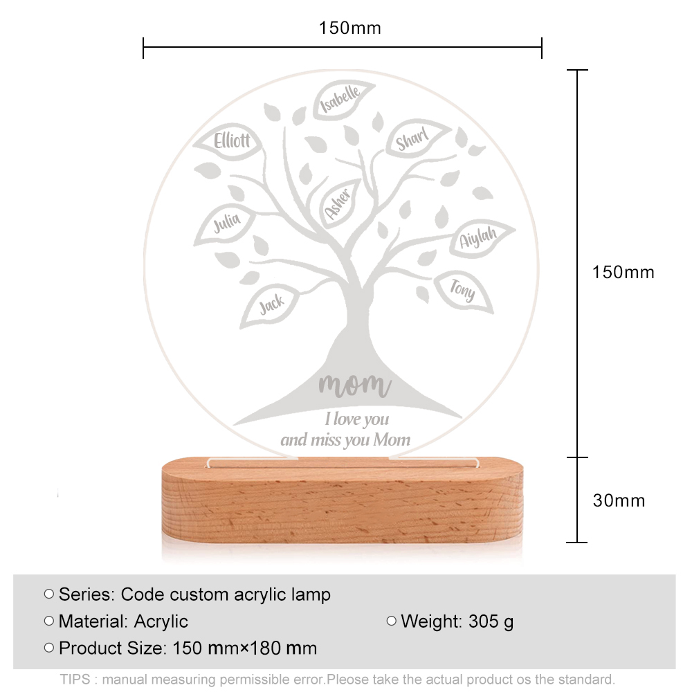 Lampe de chevet LED Arbre de vie Arbre généalogique 8 prénoms personnalisés avec 2 textes
