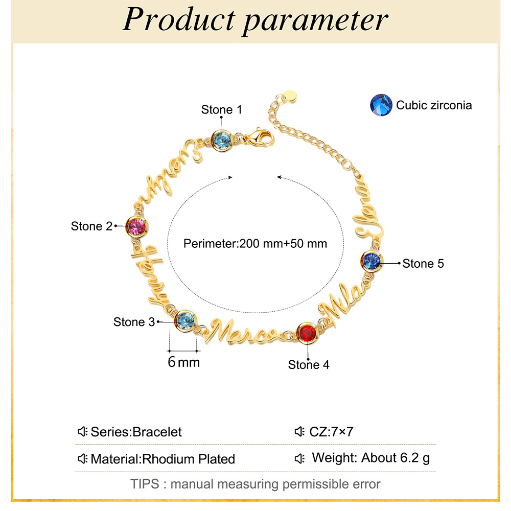 Bracelet Breloque 5 Prénom Personnalisé avec 5 Pierre de Naissance
