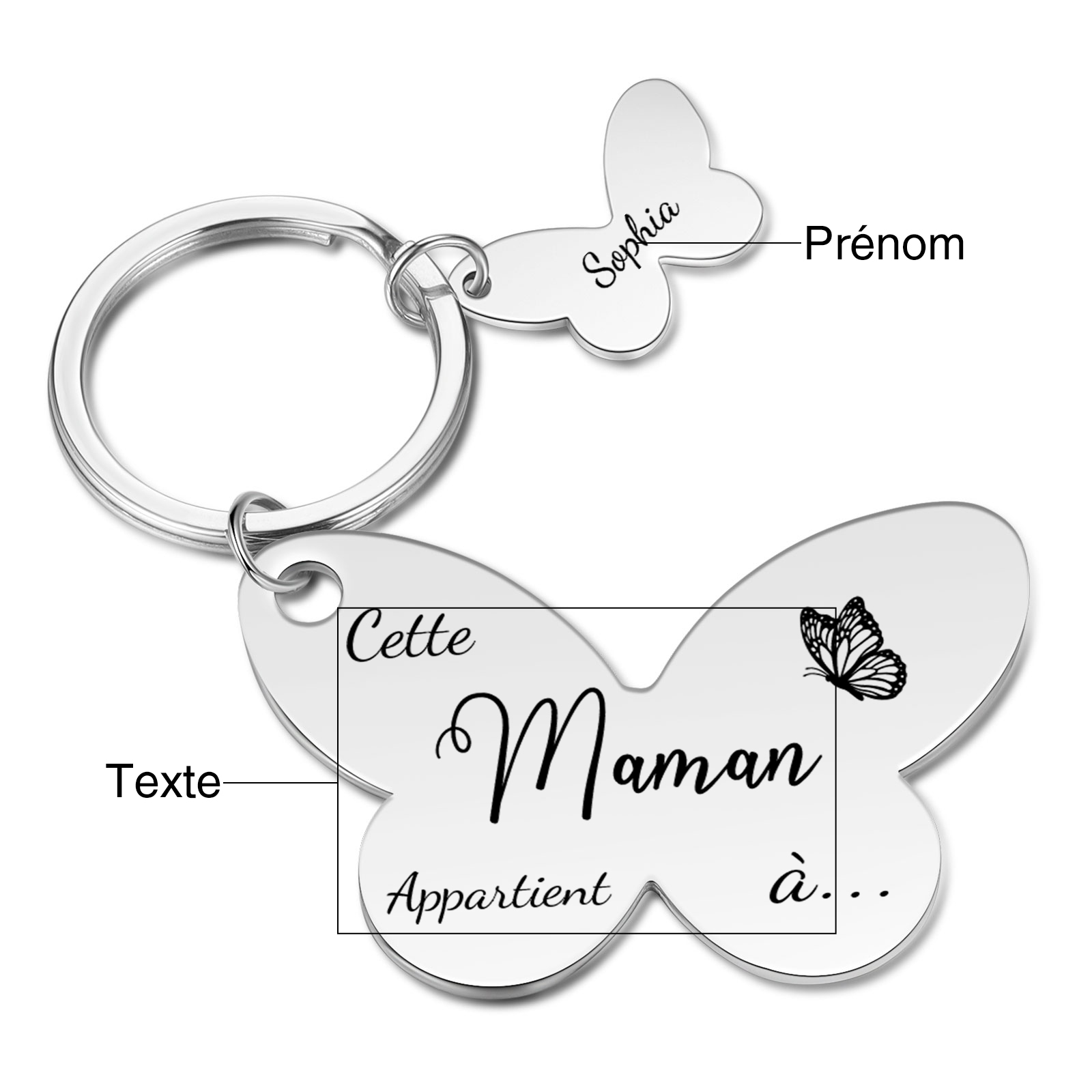 À Maman/Mamie - Porte-Clés Papillon 1 Prénom Personnalisé avec Texte 