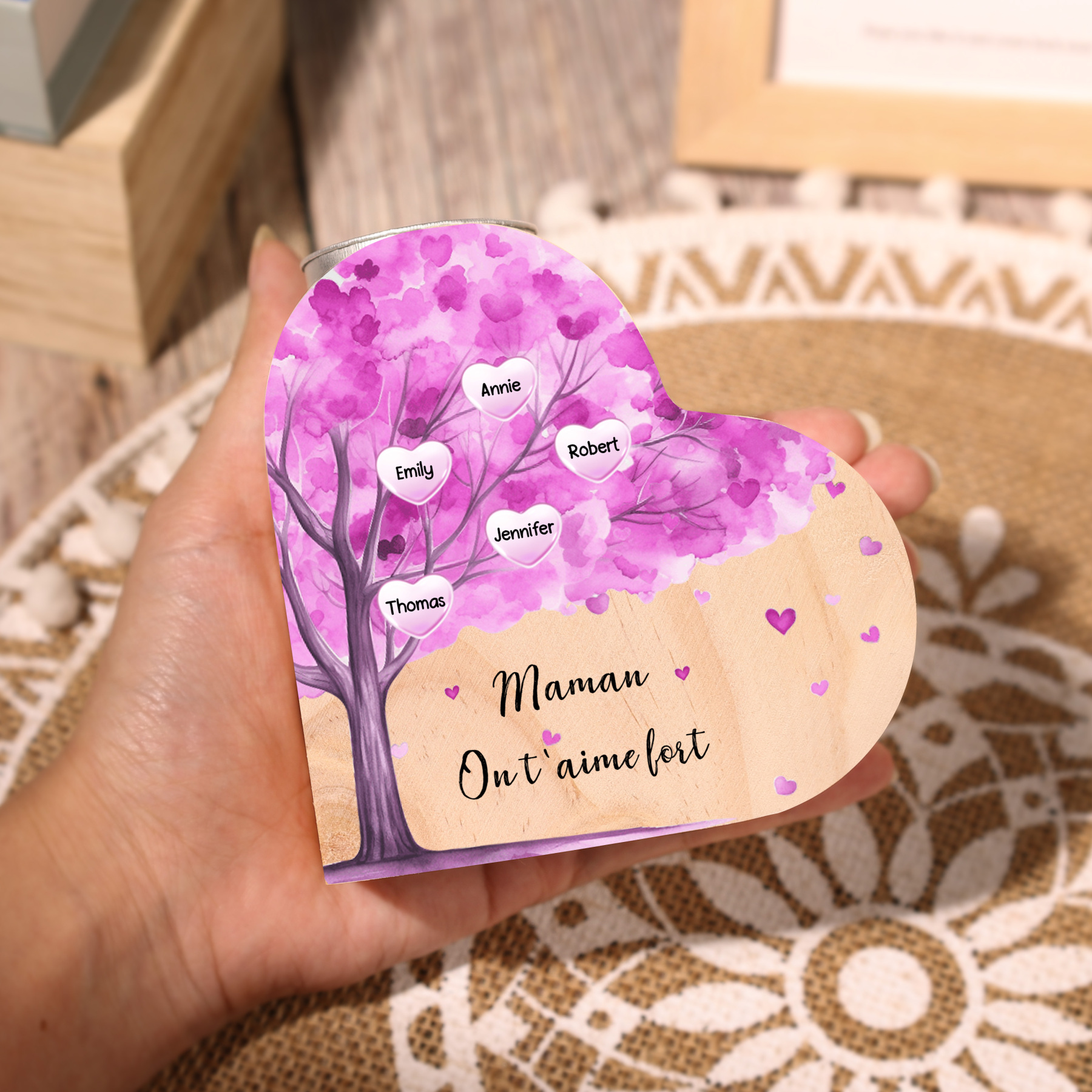 À Ma Maman/Mamie - Bougeoir en Bois Arbre 5 Prénoms et 1 Texte Personnalisés pour Famille sans bougie