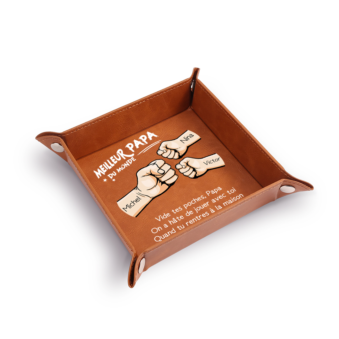 Vide-poche en cuir personnalisé pour papa avec 1 à 6 Prénoms et motif Poing
