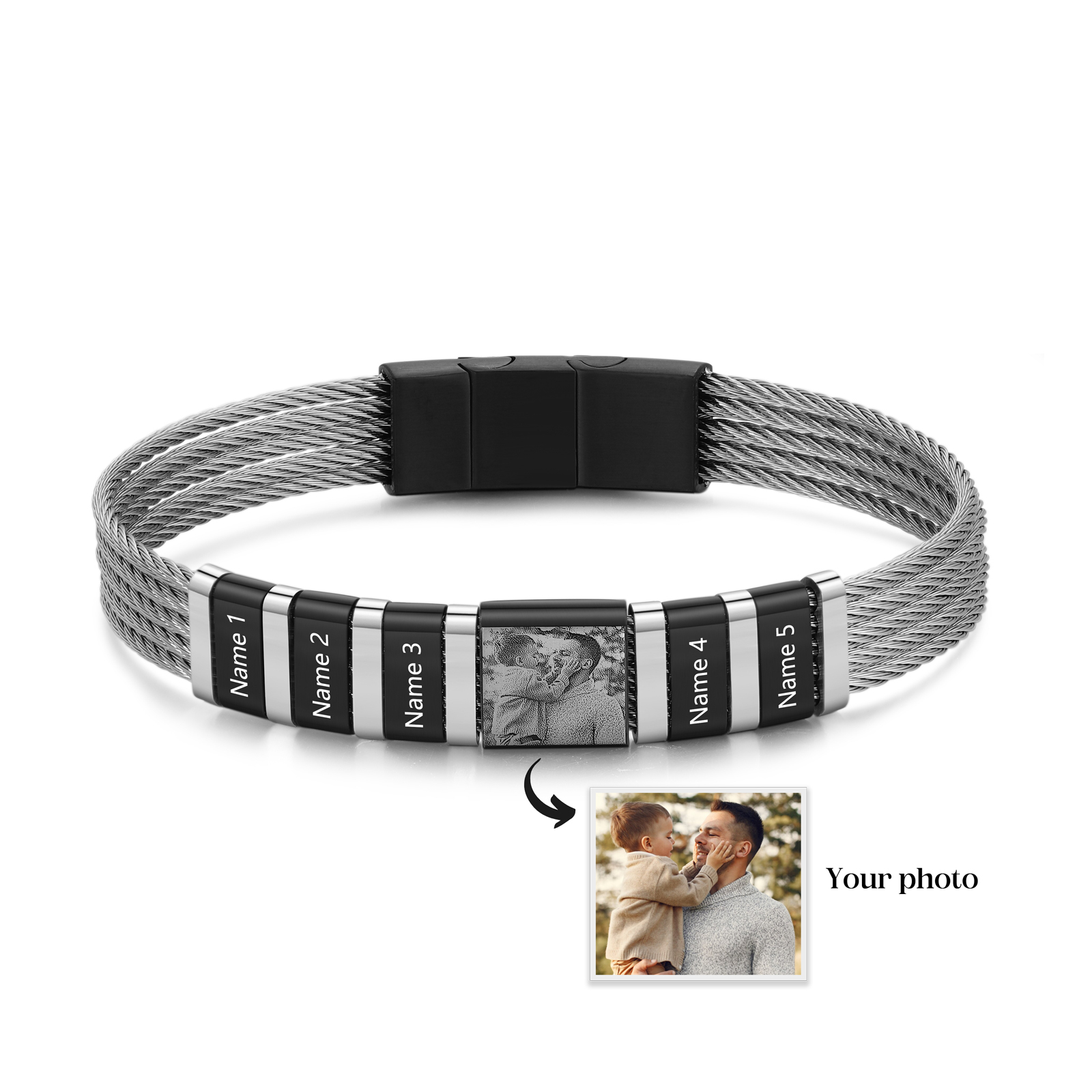 Bracelet homme personnalisé avec prénoms et photo gravée | Cadeau parfait pour papa ou mari | Jessemade