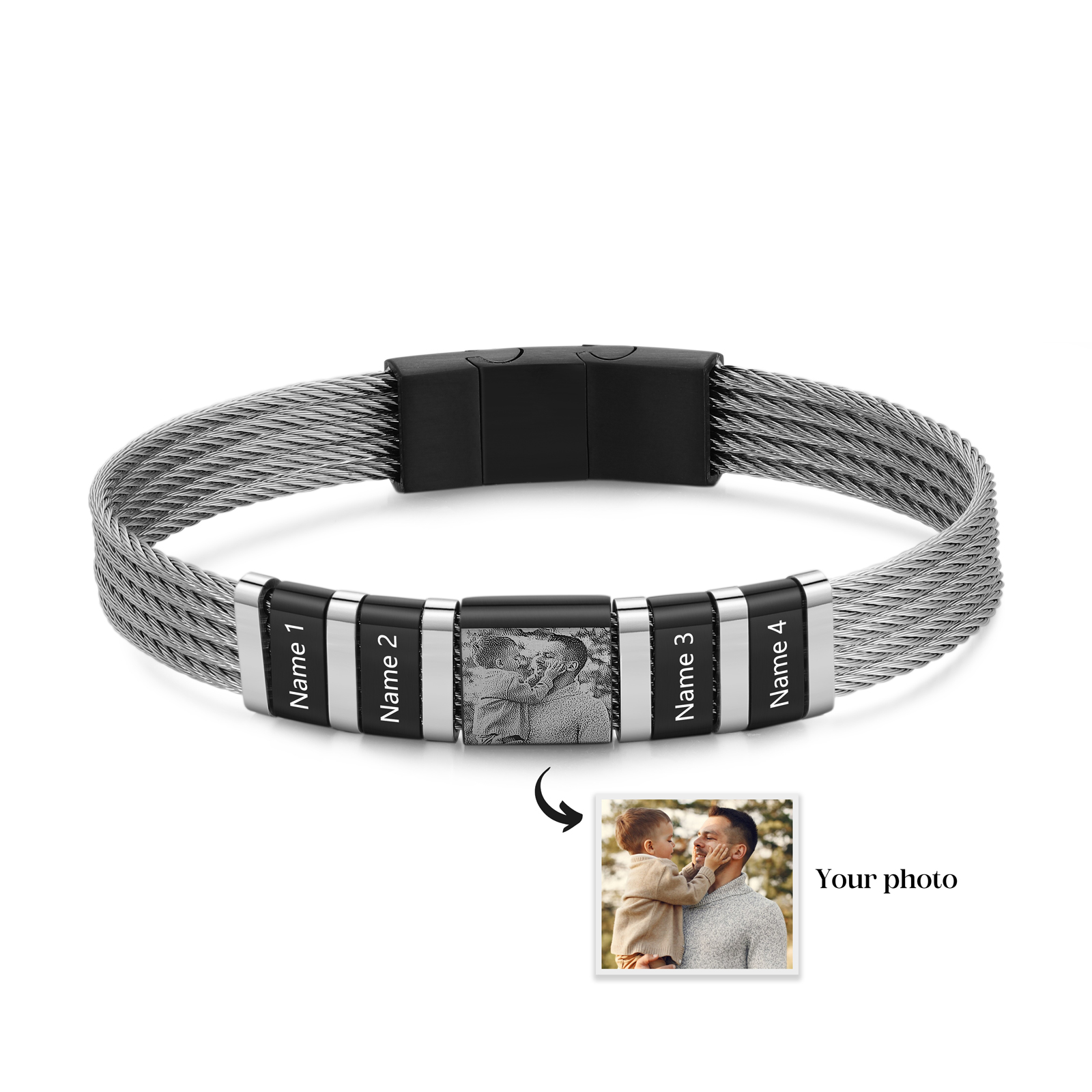Bracelet personnalisé homme avec 2 à 5 Prénoms et Photo gravée - Cadeau pour Homme | Jessemade