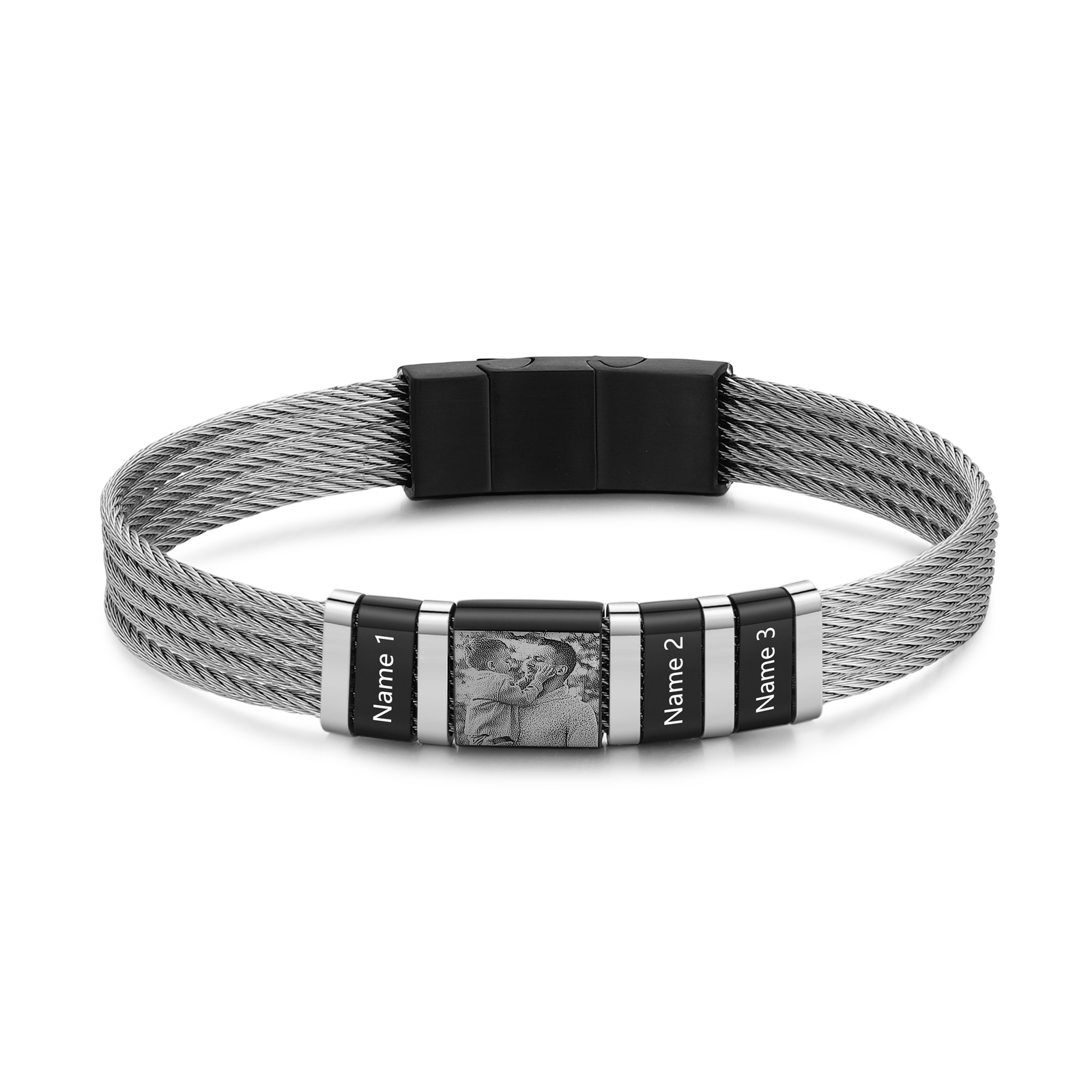 Bracelet personnalisé homme avec 2 à 5 Prénoms et Photo gravée - Cadeau pour Homme | Jessemade
