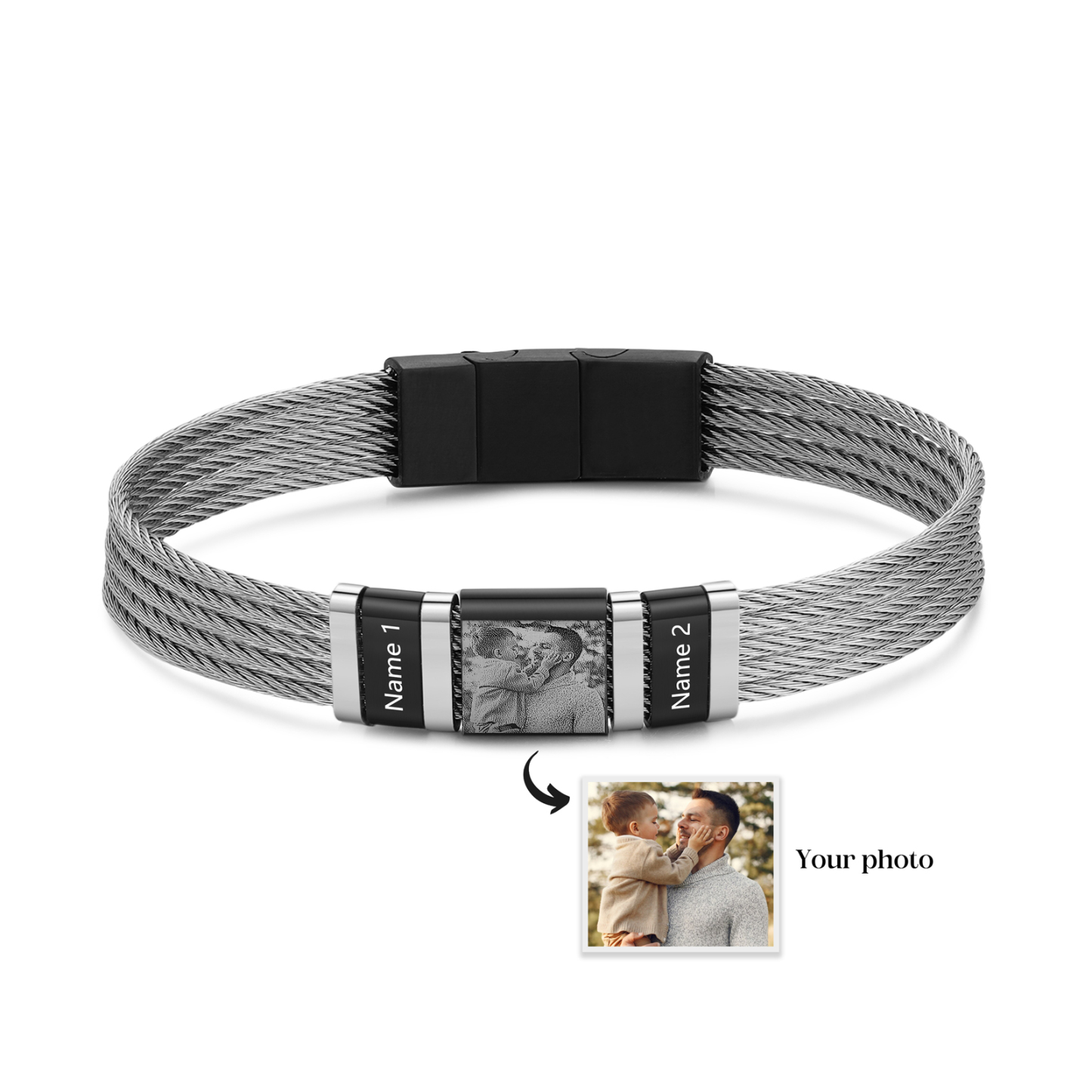 Bracelet Homme  Personnalisé avec Gravure de 4 Prénoms en Acier et Cuir - Cadeau Pour Homme | Jessemade