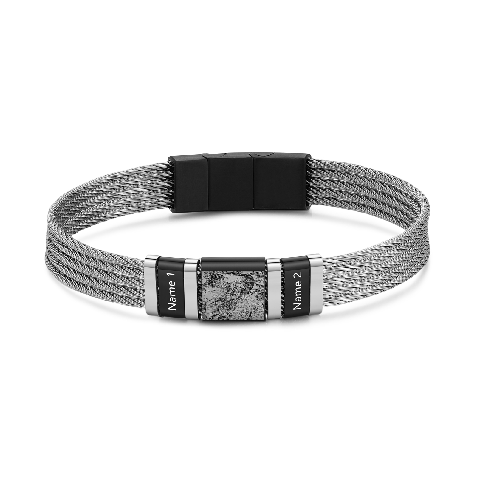Bracelet Homme  Personnalisé avec Gravure de 4 Prénoms en Acier et Cuir - Cadeau Pour Homme | Jessemade