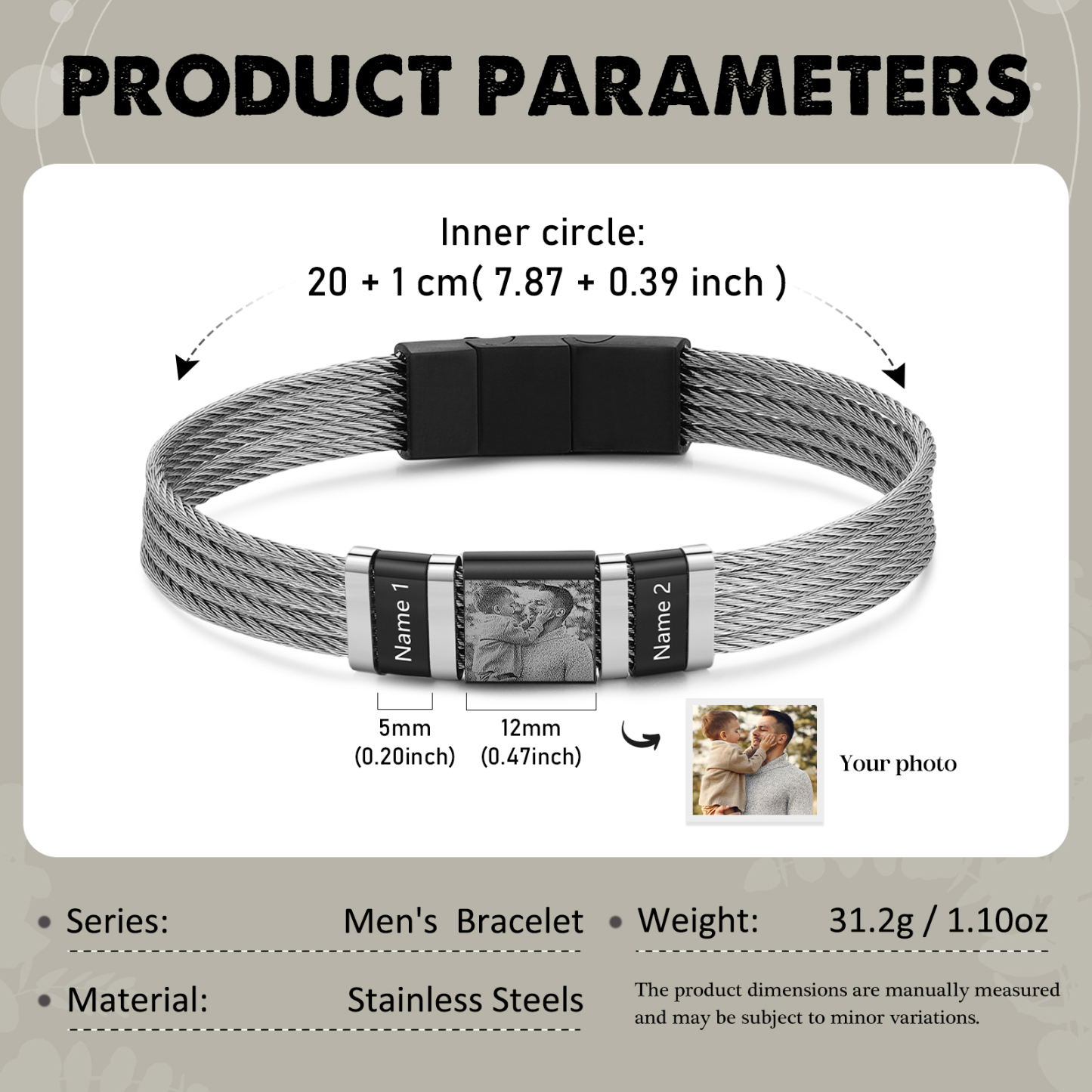 Bracelet Homme  Personnalisé avec Gravure de 4 Prénoms en Acier et Cuir - Cadeau Pour Homme | Jessemade