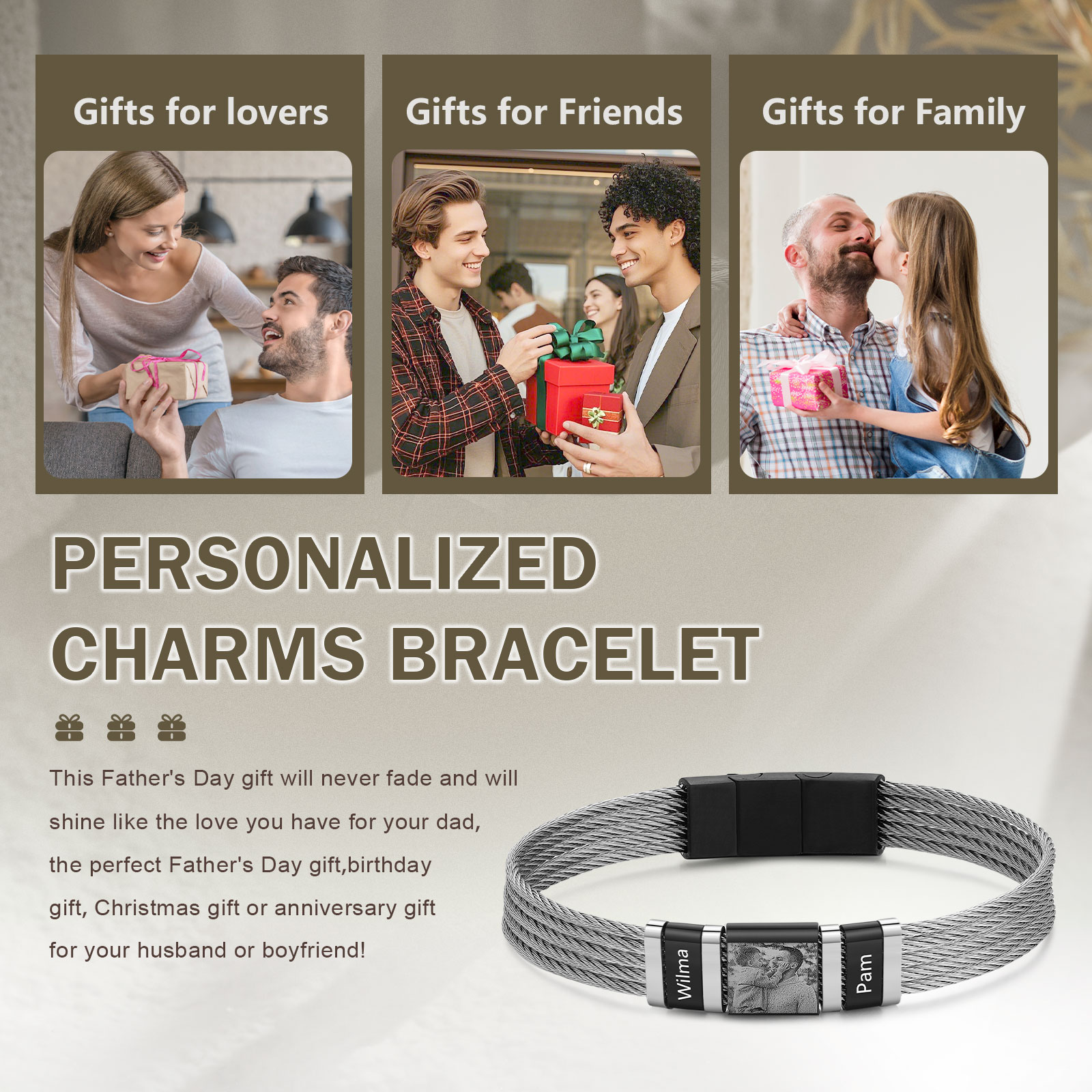 Bracelet Homme  Personnalisé avec Gravure de 4 Prénoms en Acier et Cuir - Cadeau Pour Homme | Jessemade