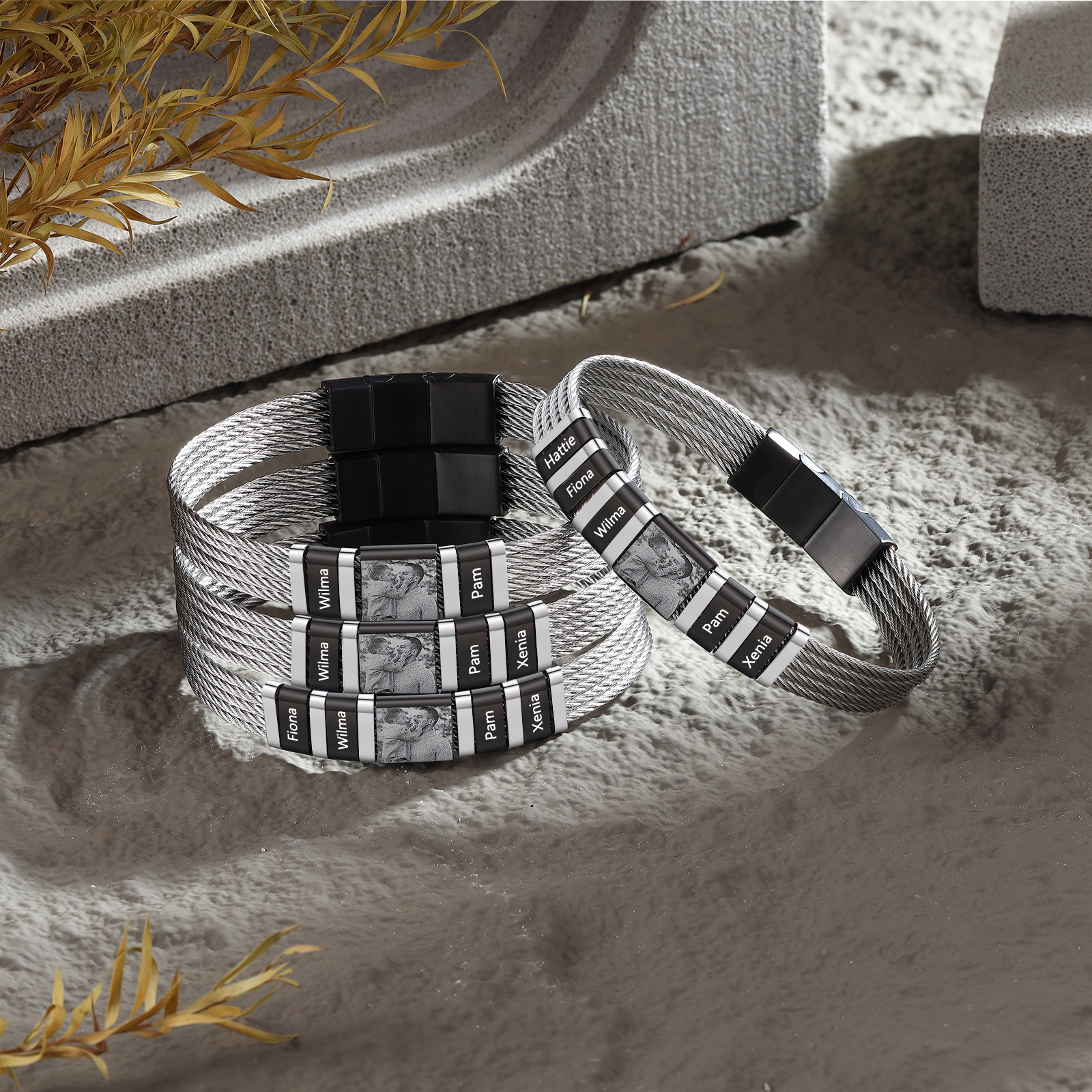 Bracelet Homme  Personnalisé avec Gravure de 4 Prénoms en Acier et Cuir - Cadeau Pour Homme | Jessemade