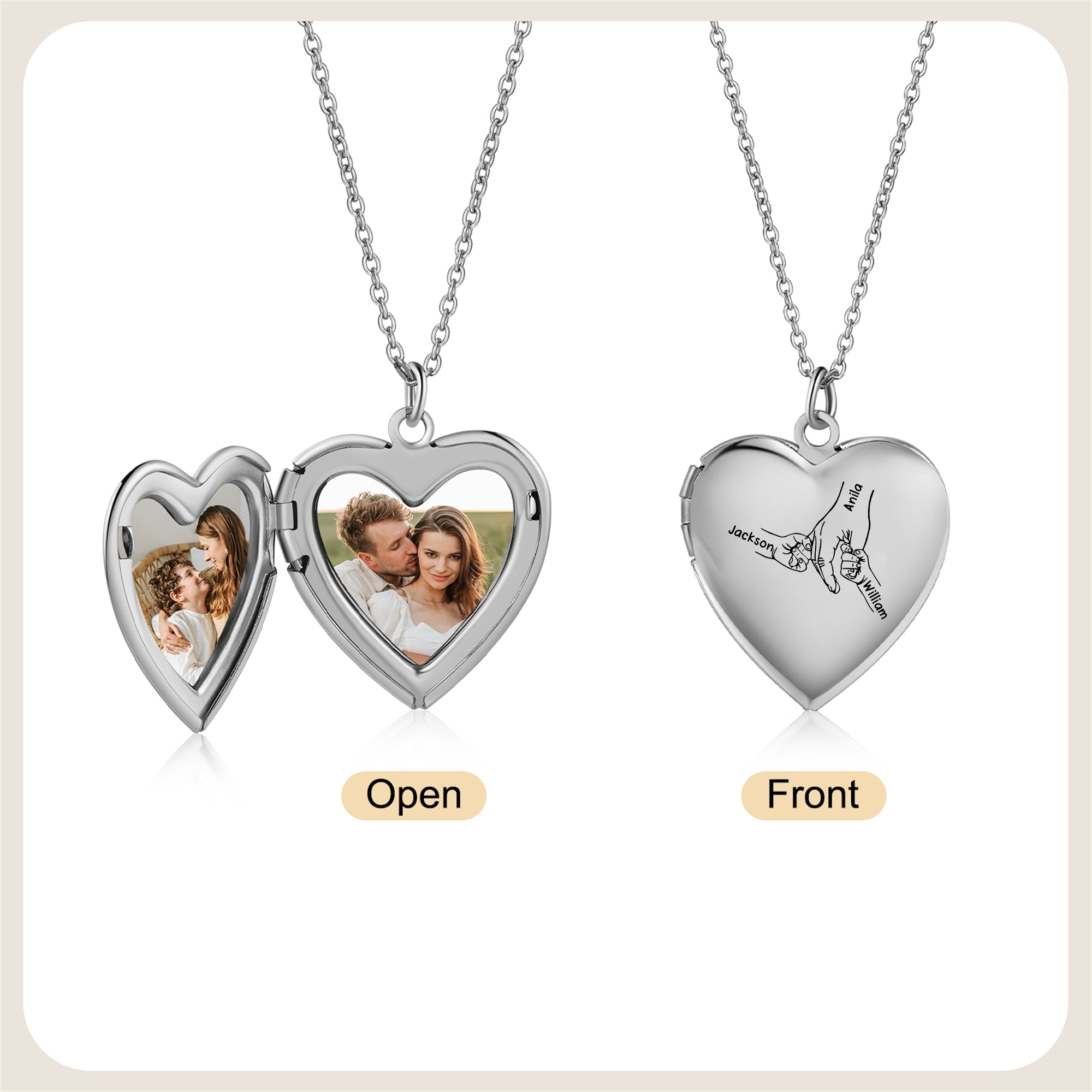 Collier Médaillon Cœur Personnalisé avec 2 Photos et 2 à 8 Prénoms Gravés – Bijou Souvenir Famille