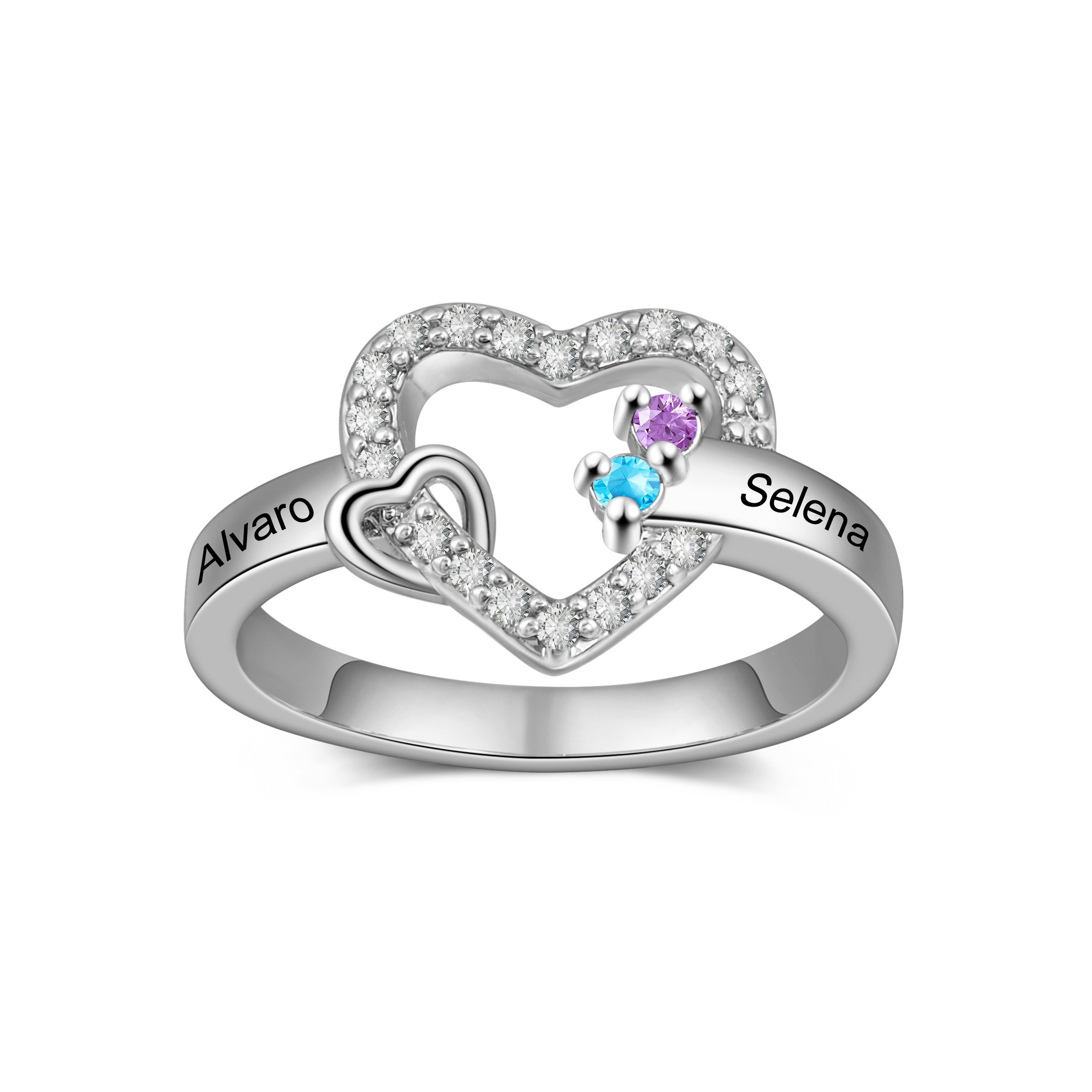 Bague Double Cœur Personnalisée avec 2 à 4 Pierres de Naissance et Prénoms